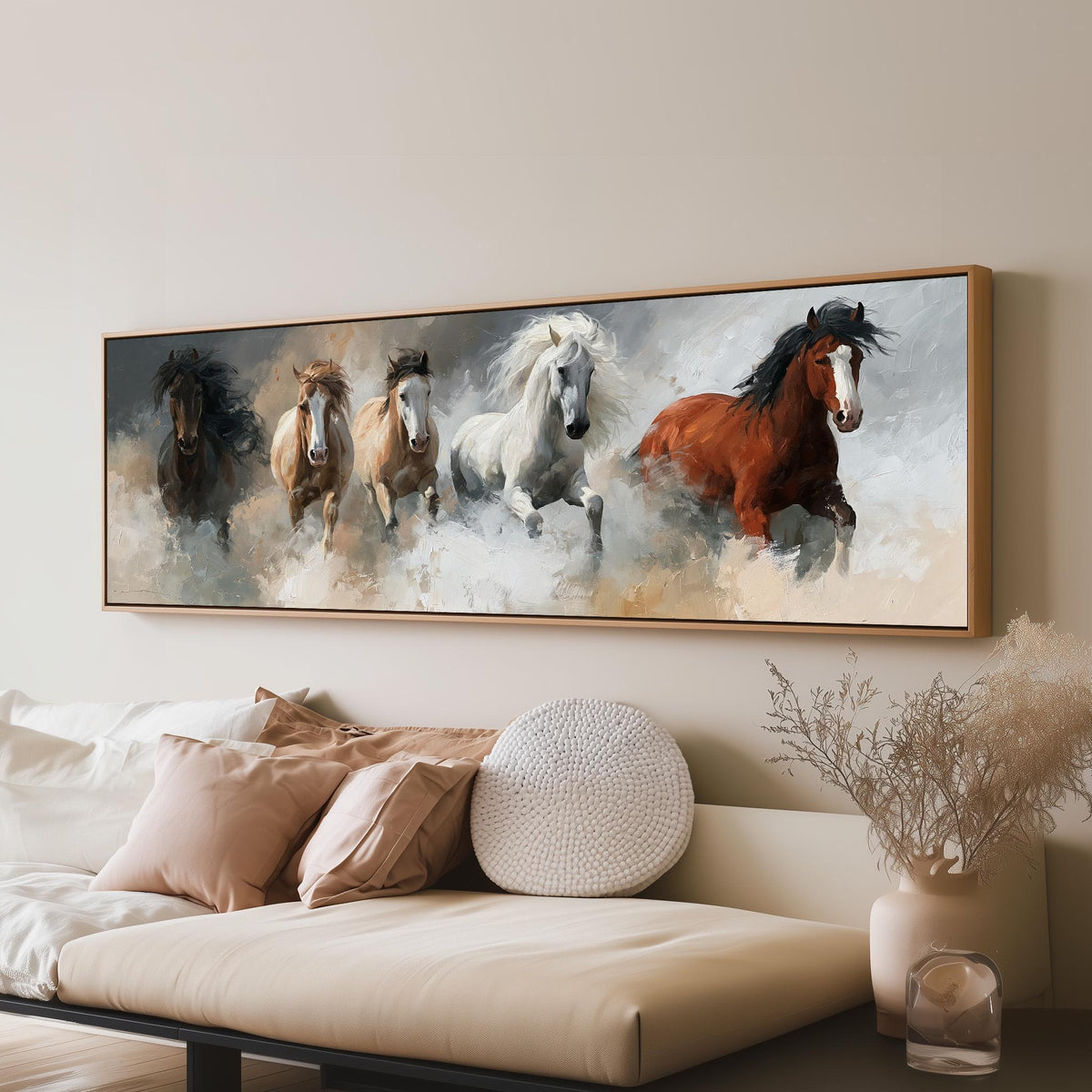 Five horses running through smoke long horizontal canvas print above a sofa in a living room