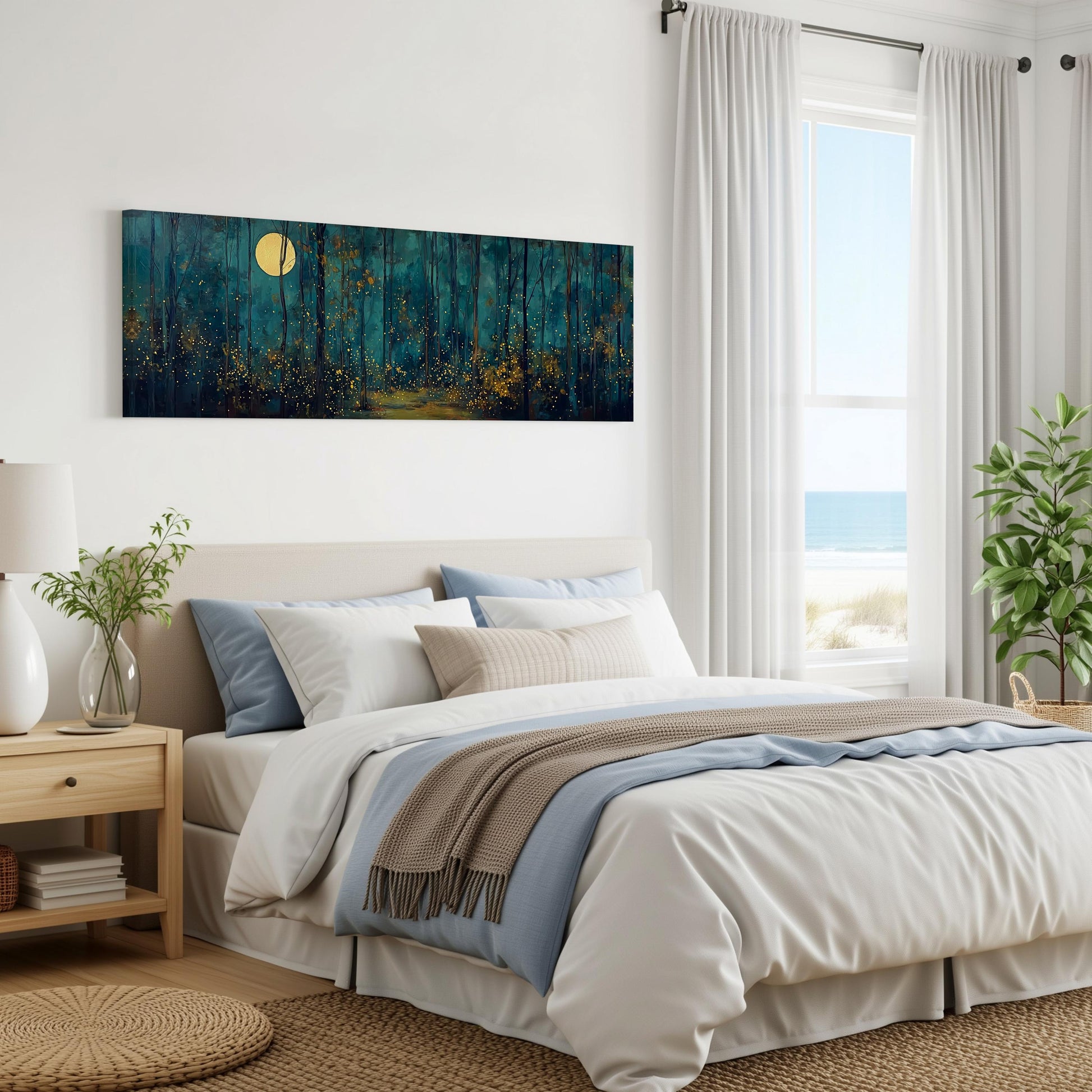 a serene bedroom scene with a large bed, a nightstand, and a painting of a forest landscape on the wall.