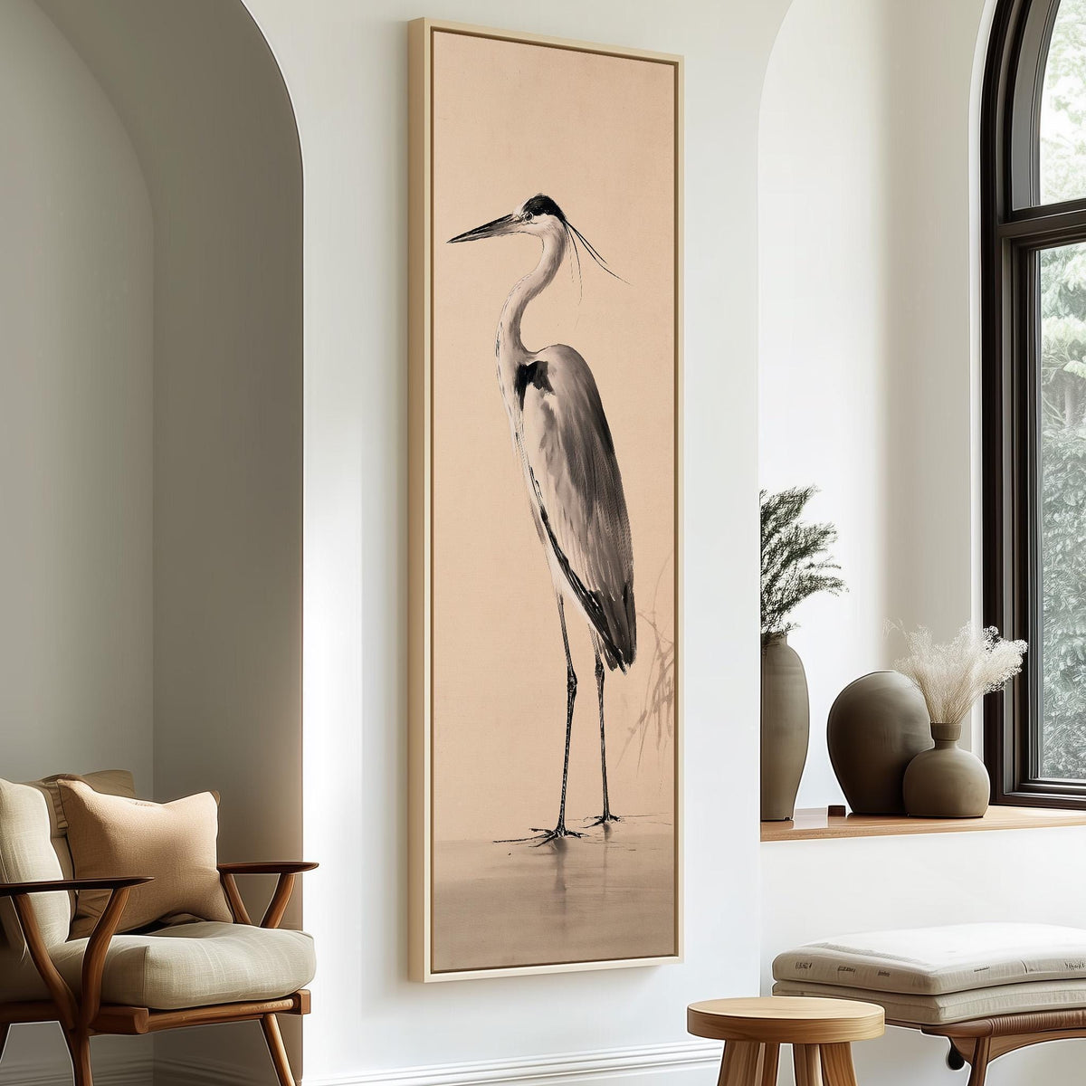 Grey heron standing in shallow water long vertical canvas print in a sunlit living space