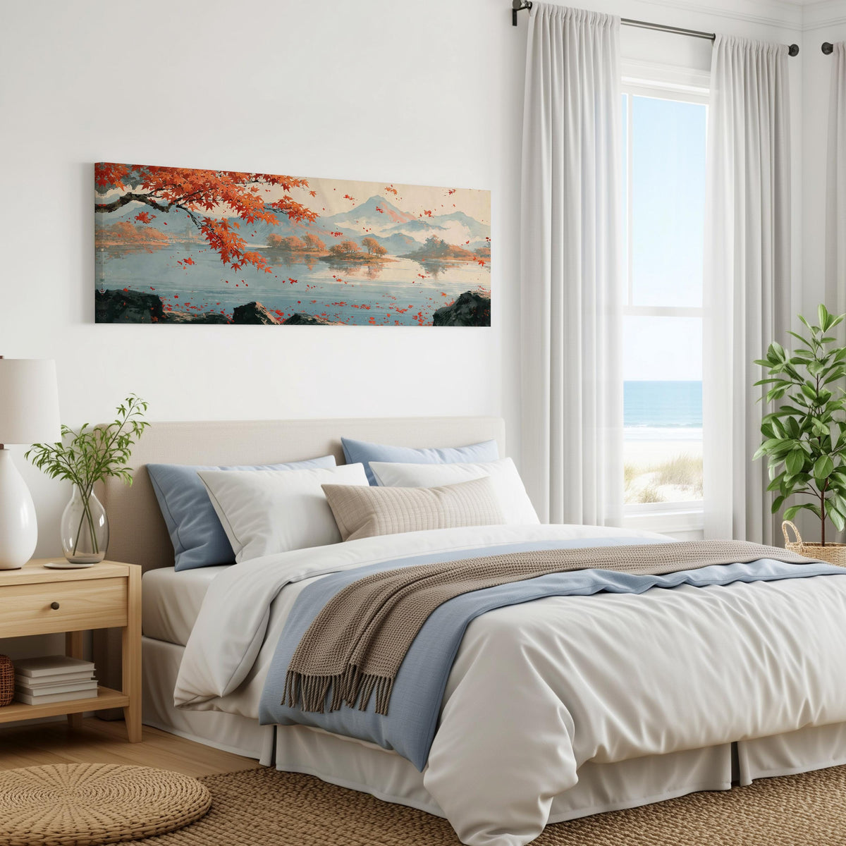 Japanese maple over a misty lake panoramic canvas print above a bed in a coastal bedroom