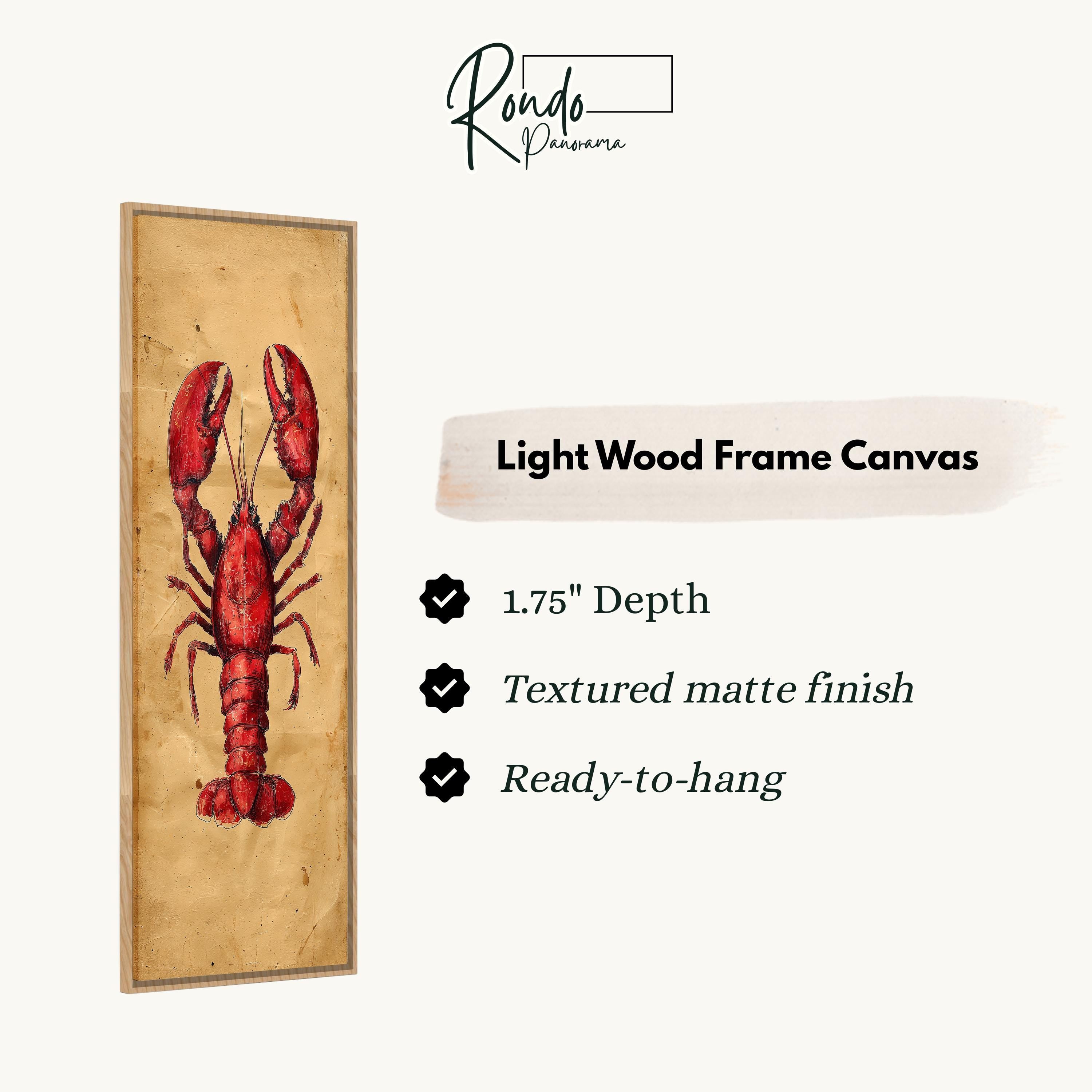a light wood frame canvas depicting a red lobster.