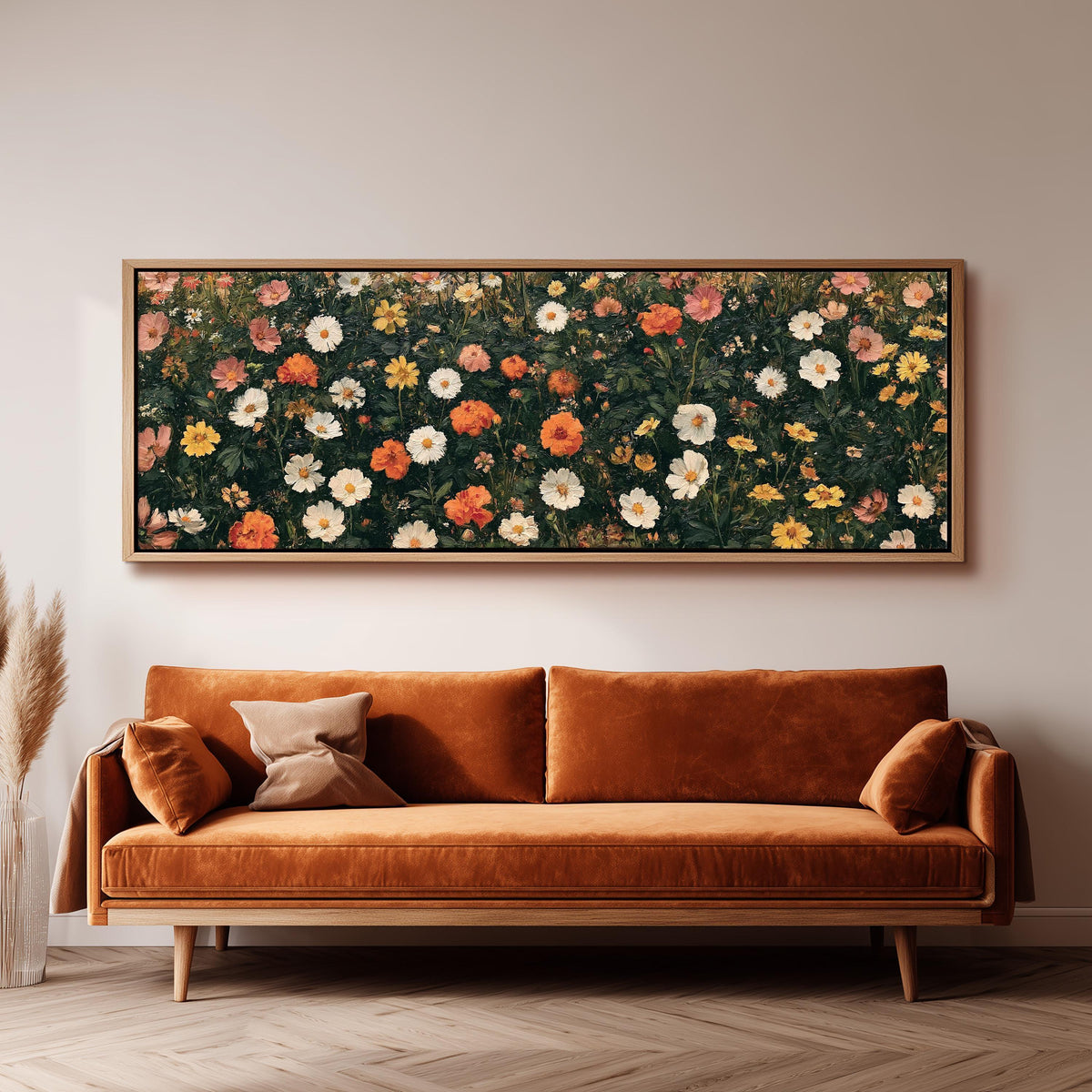 Blooming floral tapestry on dark green panoramic canvas print above a sofa in a living room