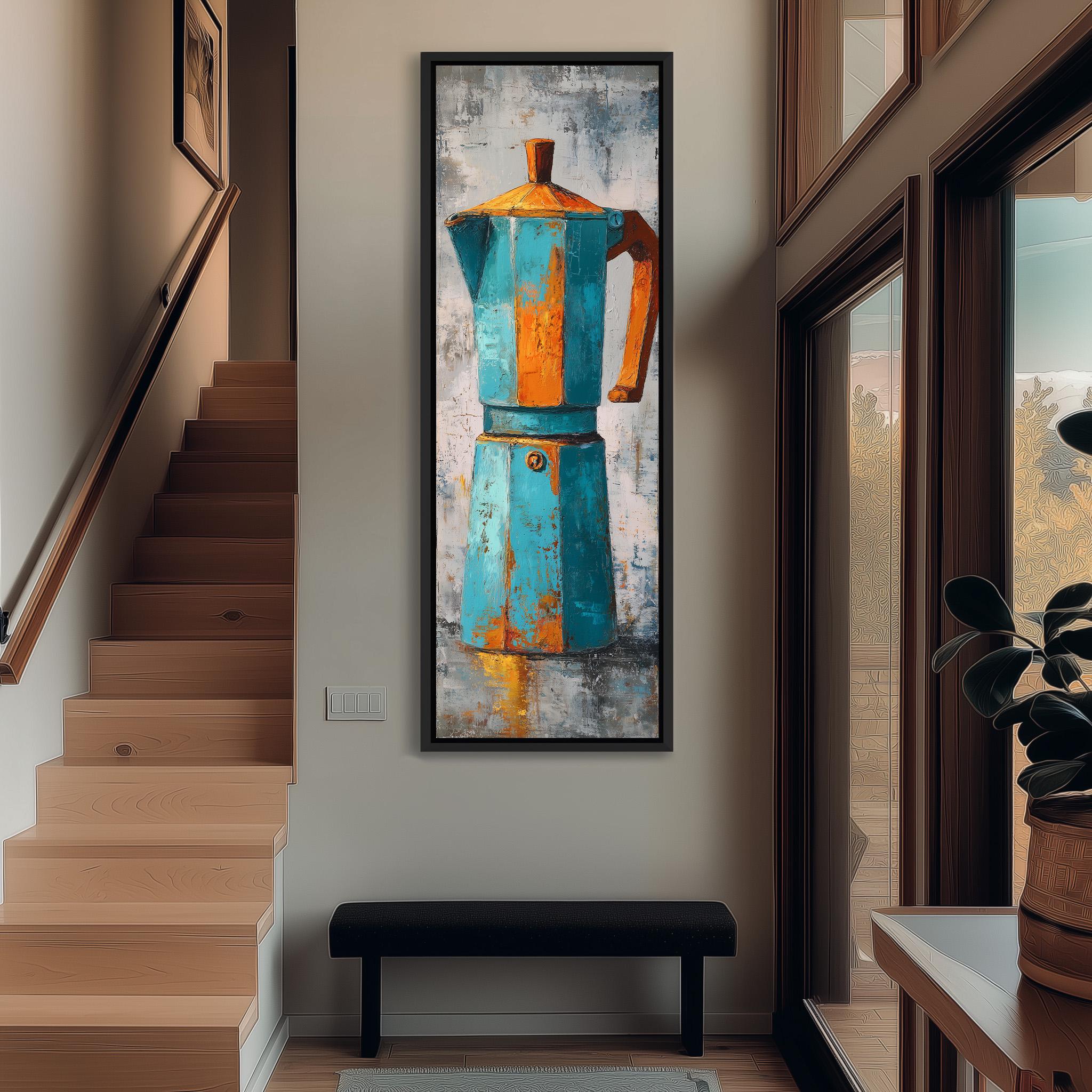 a large, colorful painting of a blue and orange coffee maker hanging on a wall in a hallway.