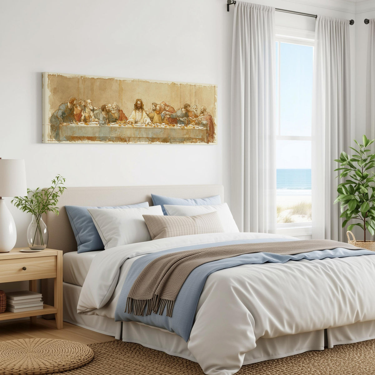 The Last Supper in a sepia sketch style panoramic canvas print above a bed in a coastal bedroom