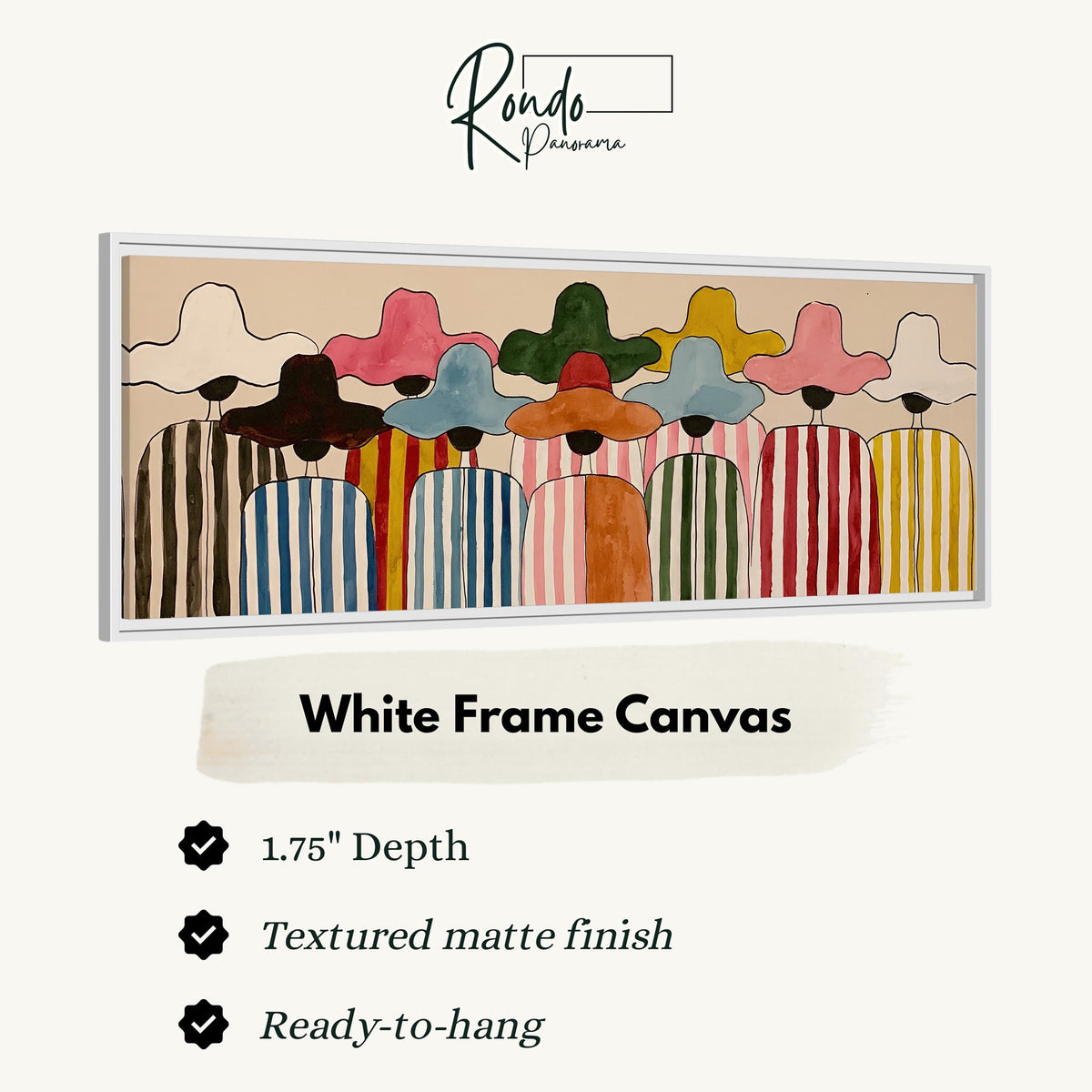 Crowd of figures in colorful sun hats canvas print in a white floating frame
