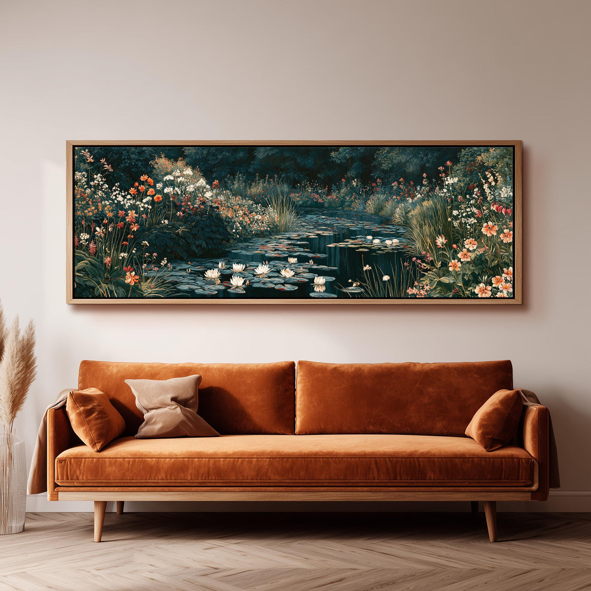 Lily pond surrounded by wildflowers panoramic canvas print above a sofa in a living room