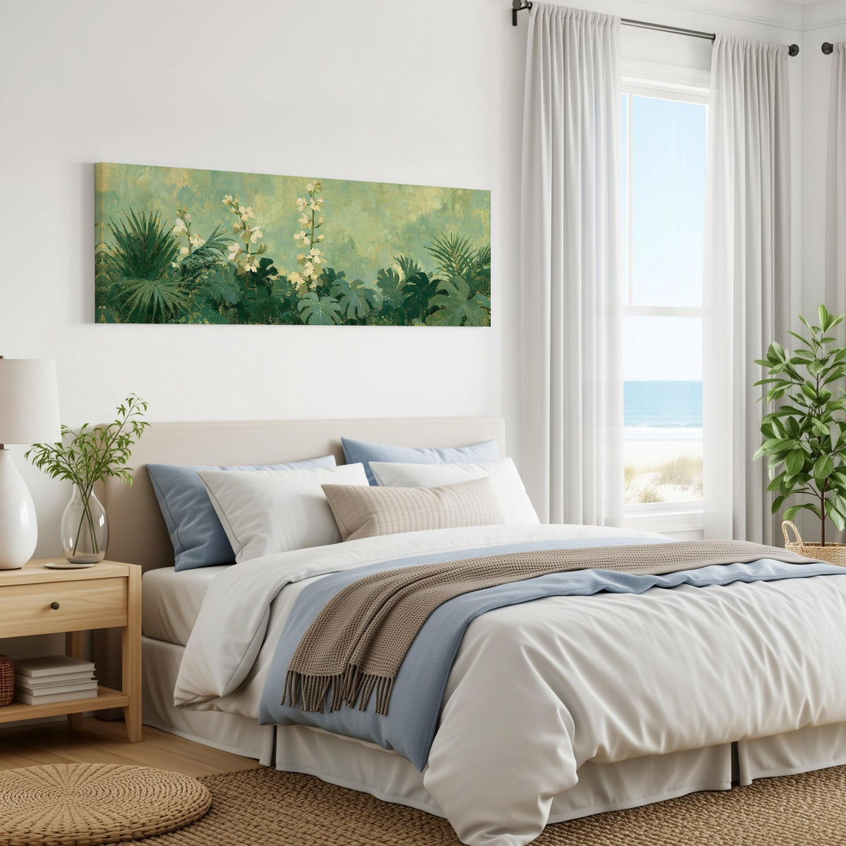 Tropical white blooms in green foliage panoramic canvas print above a bed in a coastal bedroom