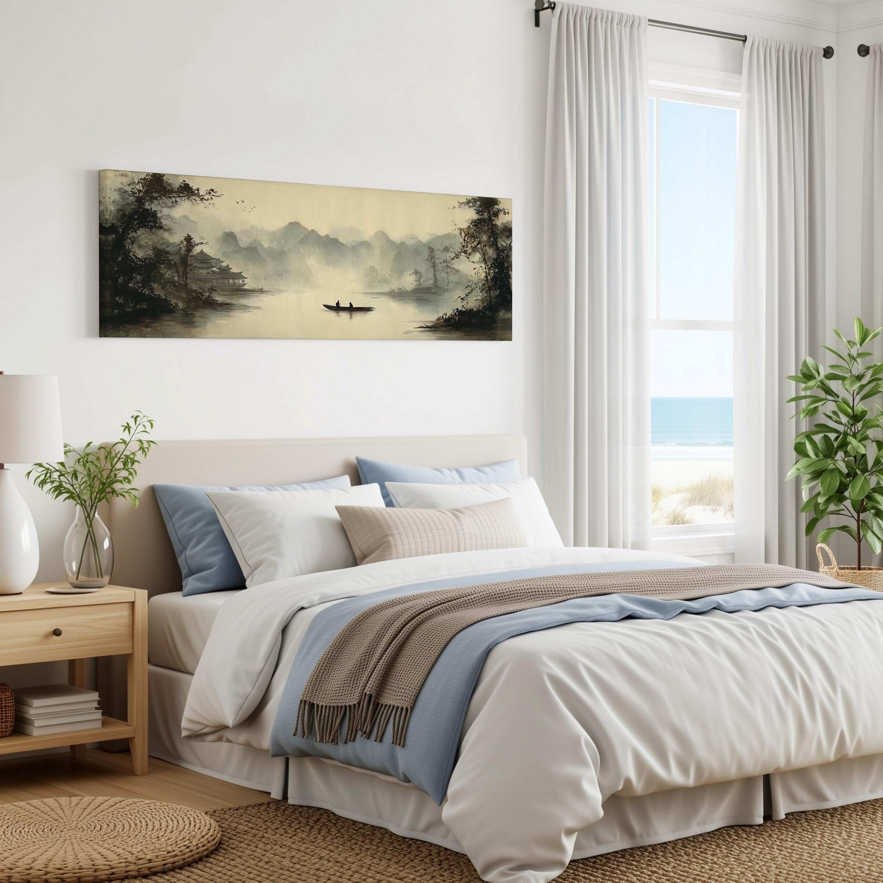 a serene bedroom scene with a large bed, a painting of a landscape, and a window overlooking the ocean.