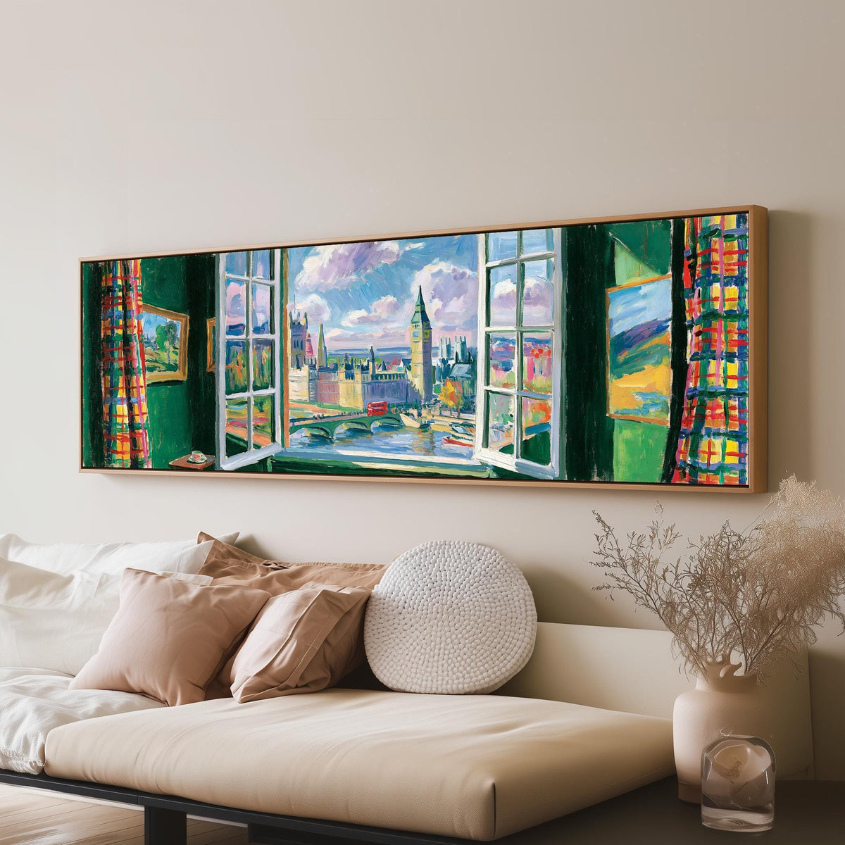 London and Big Ben through a green room window long horizontal canvas print above a sofa in a living room