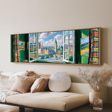 London and Big Ben through a green room window long horizontal canvas print above a sofa in a living room