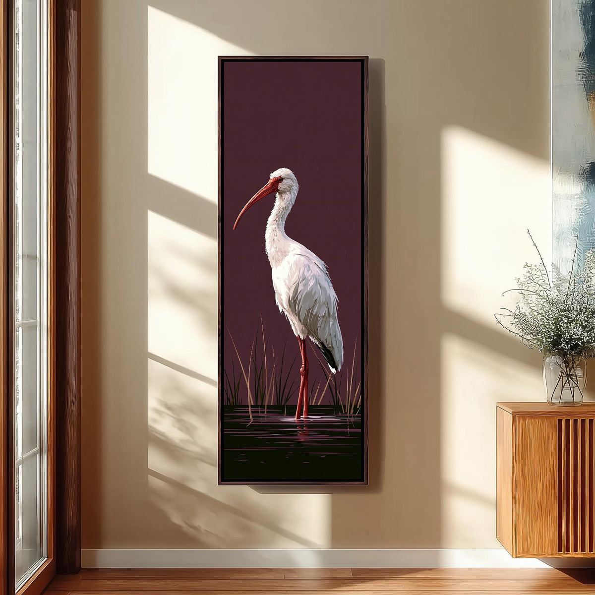 White ibis on a plum background tall narrow canvas print beside a staircase in an entryway