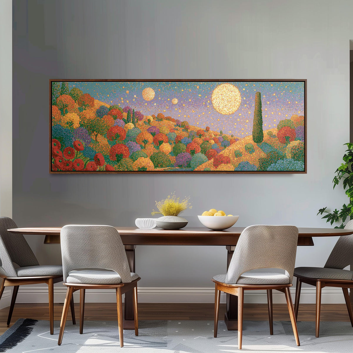 Autumn hillside under glowing moons long horizontal canvas print above a dining table