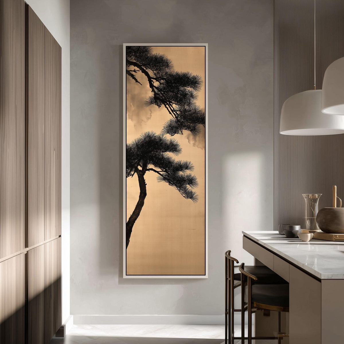 Pine branch silhouette on gold tall skinny canvas print in a modern kitchen