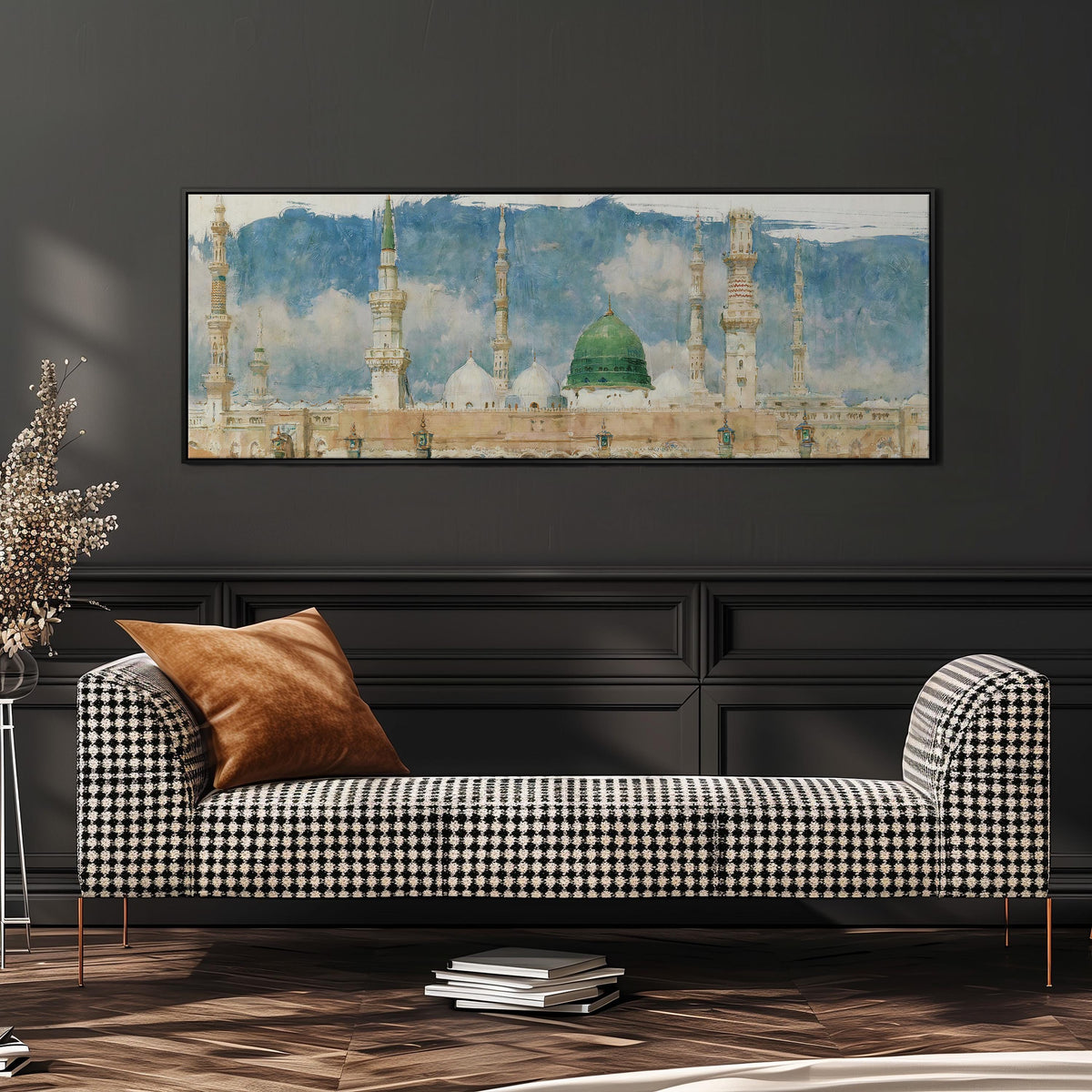 The green dome of the Prophet's Mosque in Medina wide panoramic canvas print above a bench in a dark living room