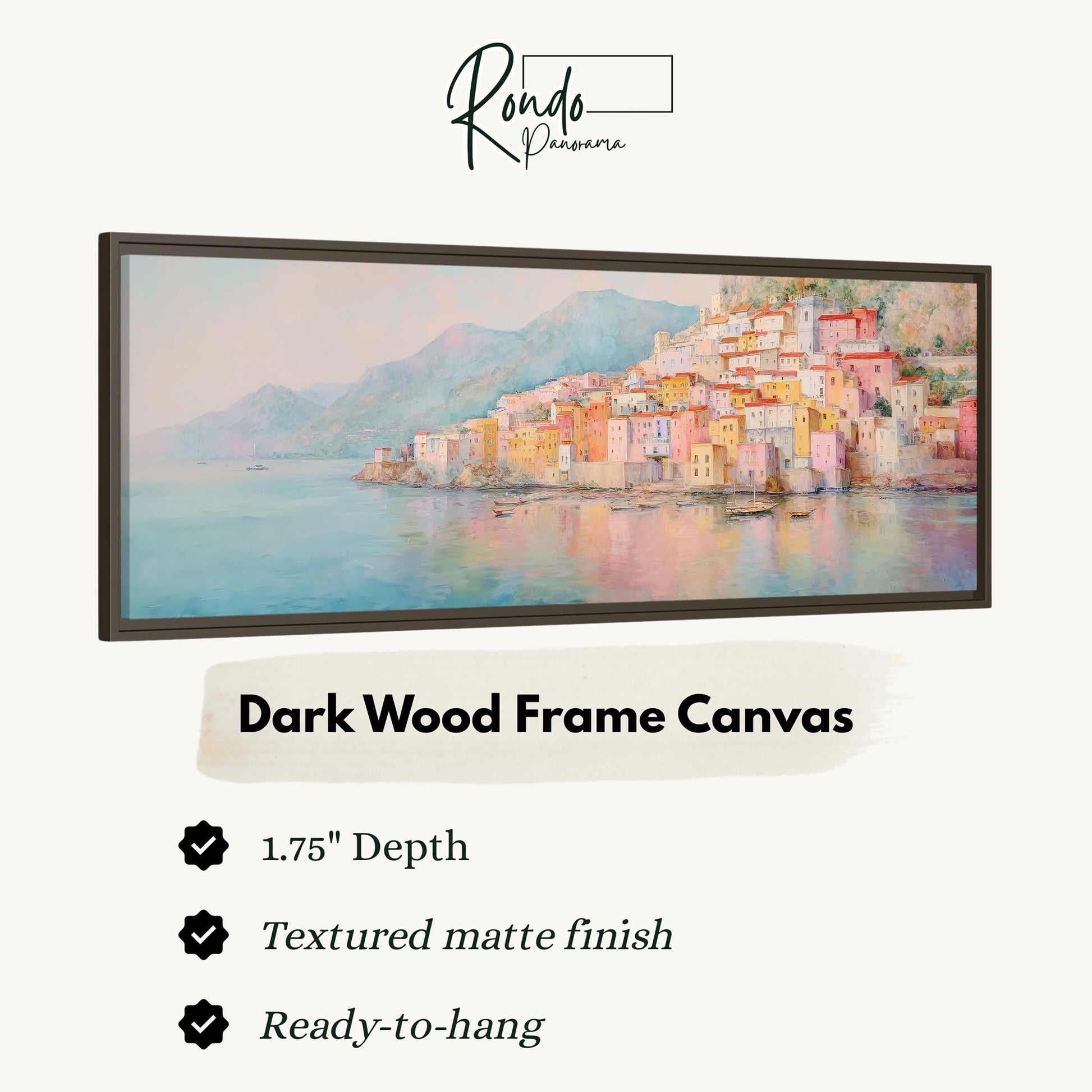 The image is a framed painting depicting a coastal town with colorful buildings and a body of water in the background.