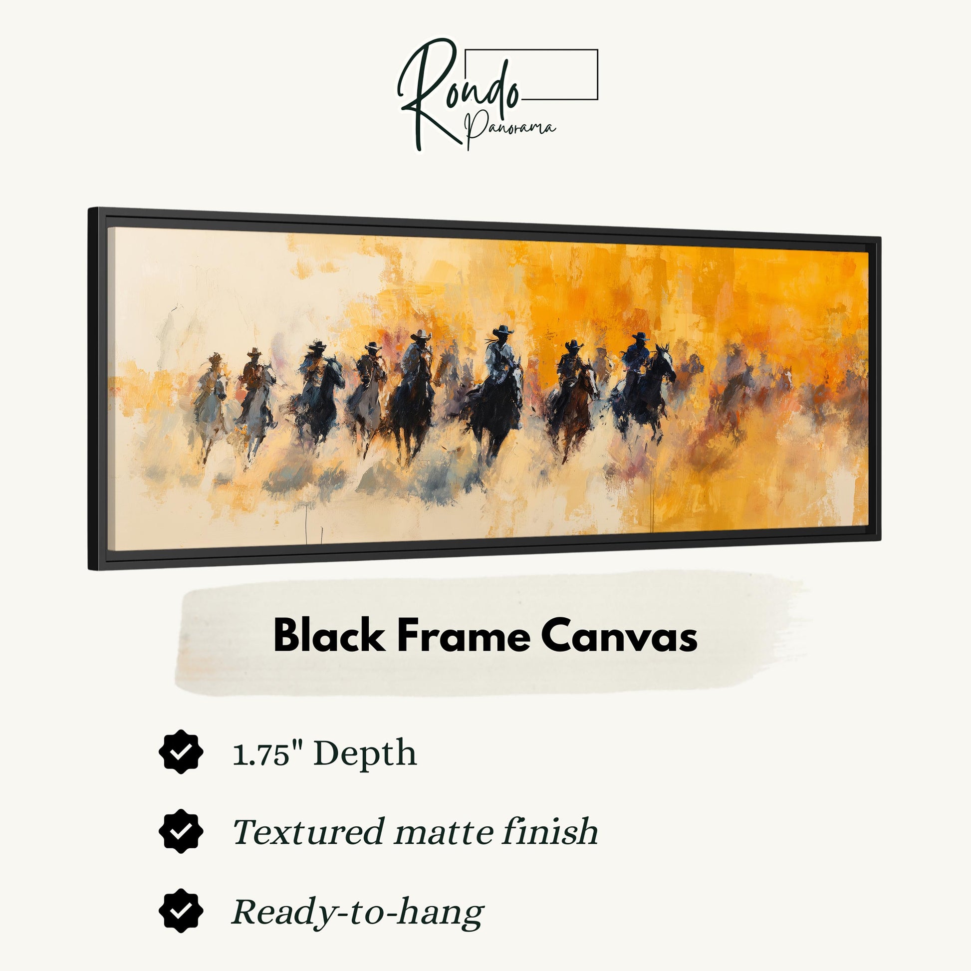 The image is a black frame canvas depicting a group of people riding horses in a line.