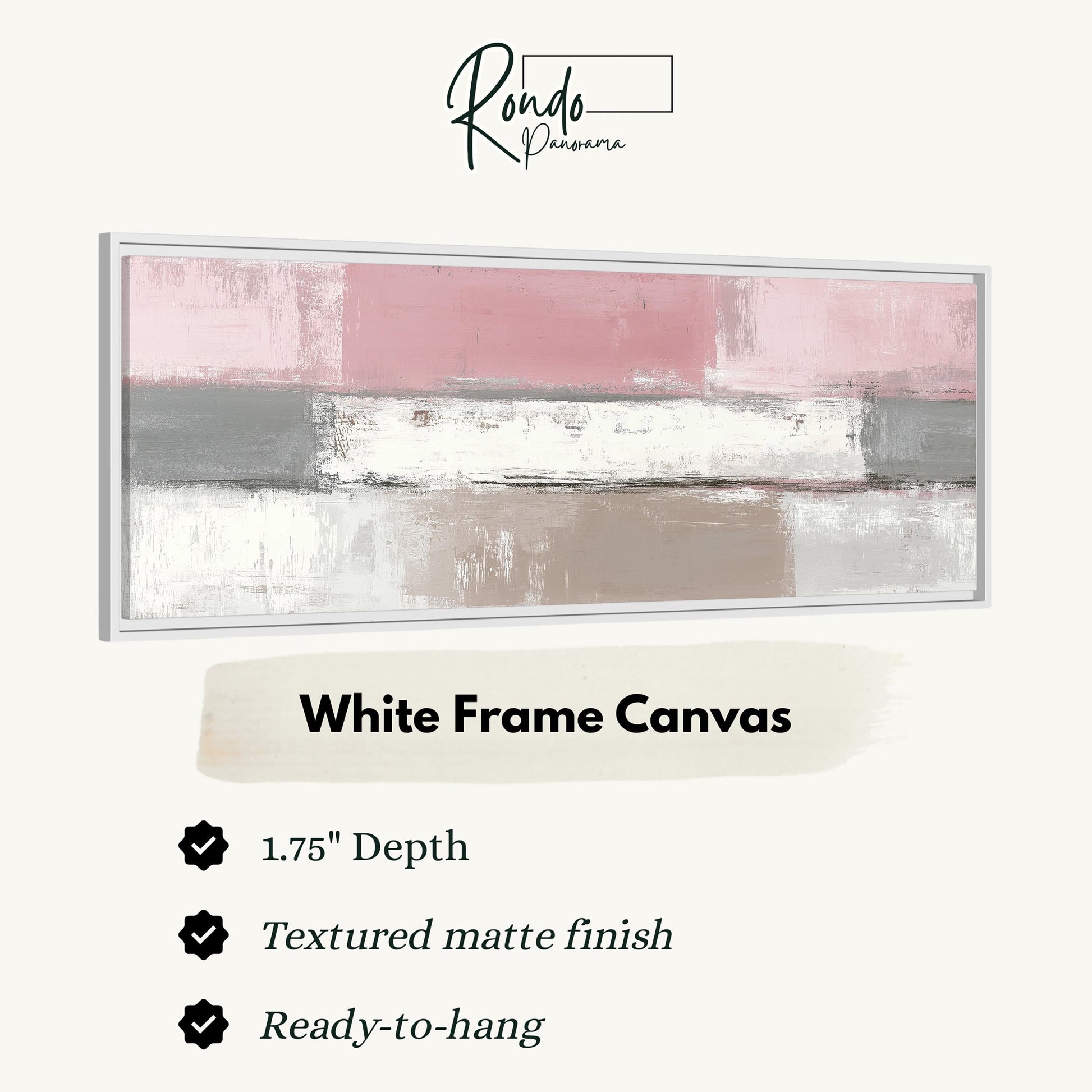 The image is a product description for a white frame canvas. It features a painting with a pink and white color scheme, and provides details about the product, including its dimensions, finish, and hanging capabilities.