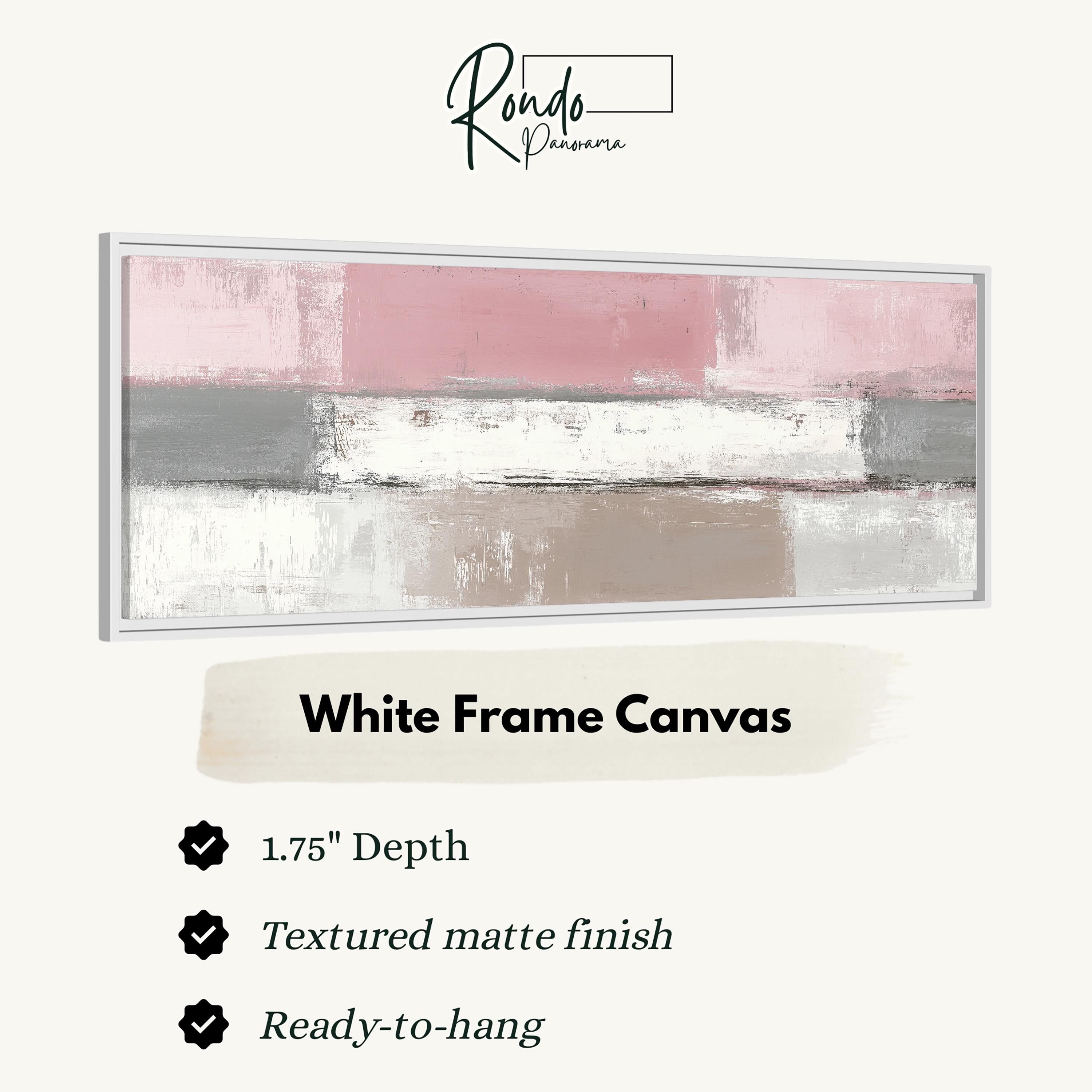 The image is a product description for a white frame canvas. It features a painting with a pink and white color scheme, and provides details about the product, including its dimensions, finish, and hanging capabilities.