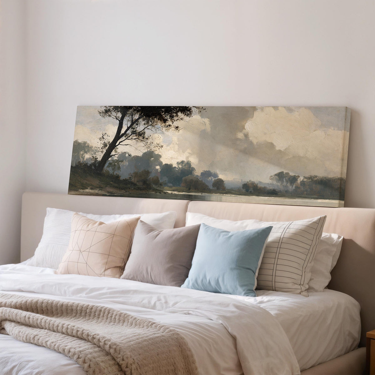 Misty river landscape in grey blue tones wide panoramic canvas print above a bed in a bedroom