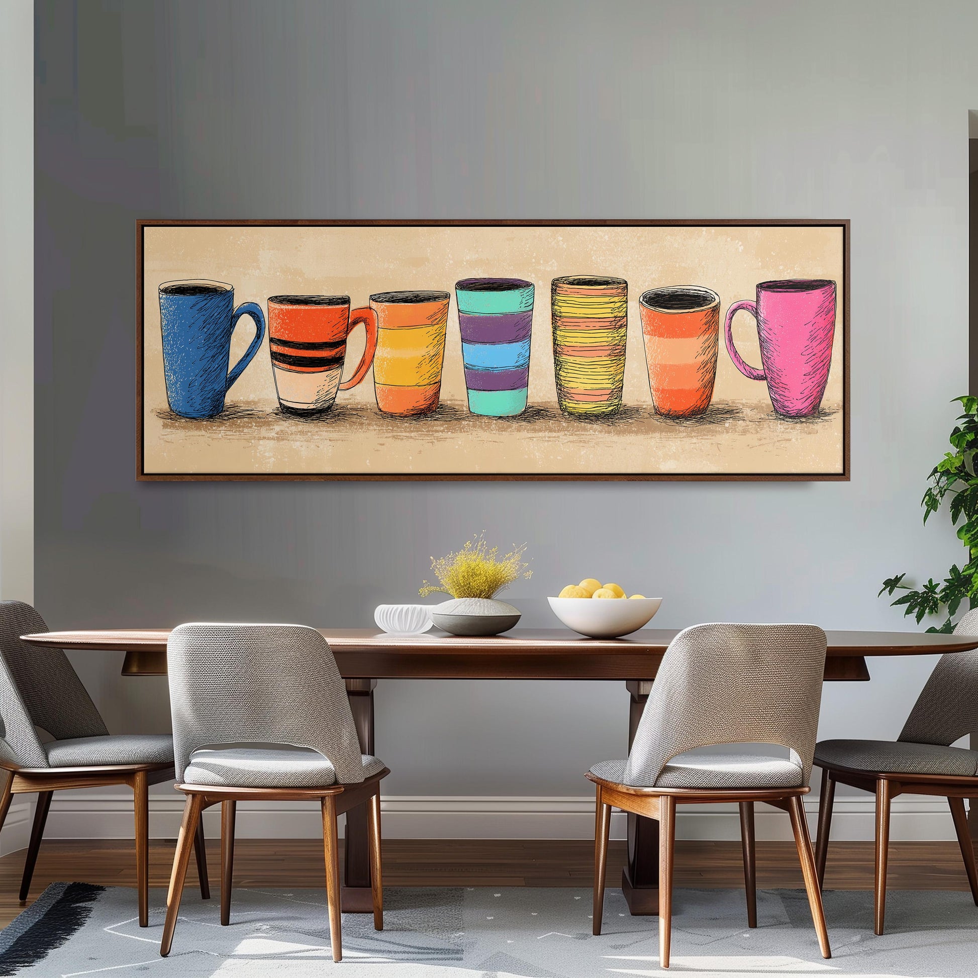 a dining room with a wooden table and four chairs. Above the table, there is a large framed artwork depicting a row of colorful mugs.