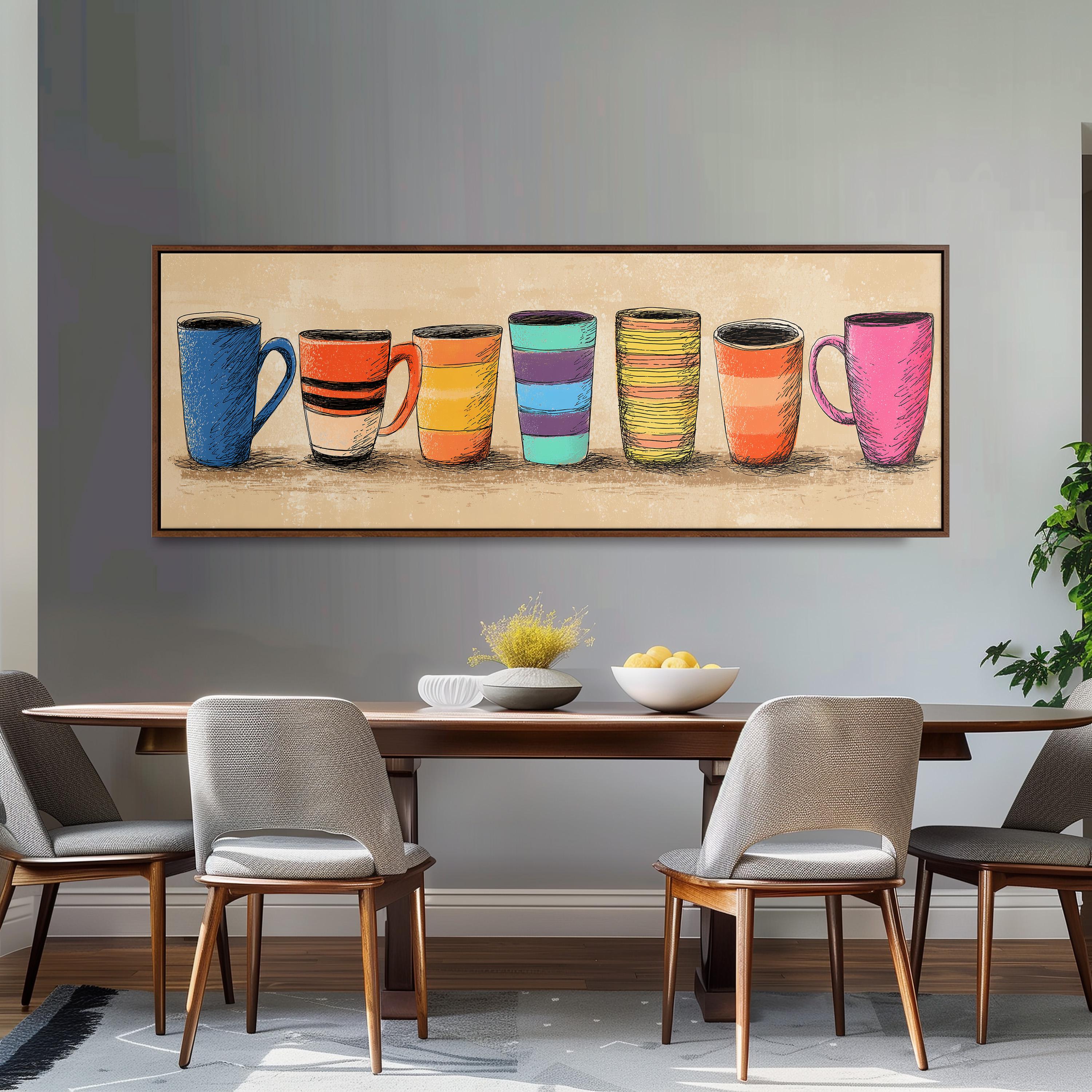 a dining room with a wooden table and four chairs. Above the table, there is a large framed artwork depicting a row of colorful mugs.