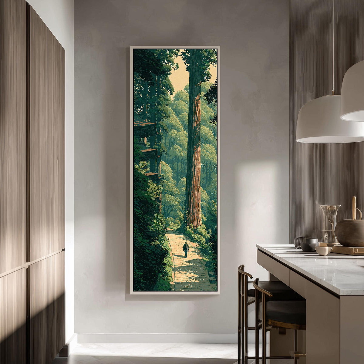 Forest path toward a pagoda tall skinny canvas print in a modern kitchen