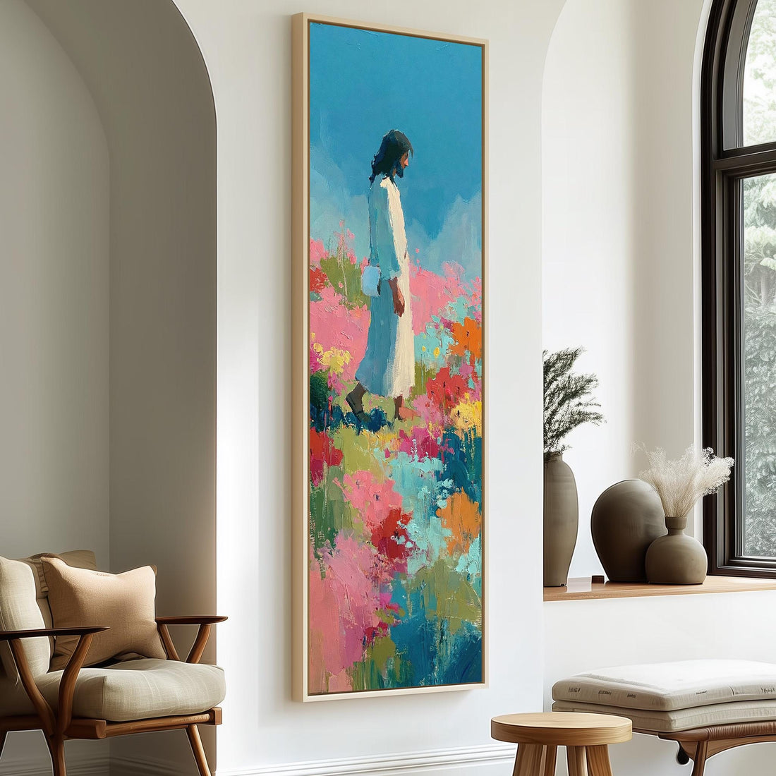 Jesus standing in a colorful flower meadow long vertical canvas print in a sunlit living space