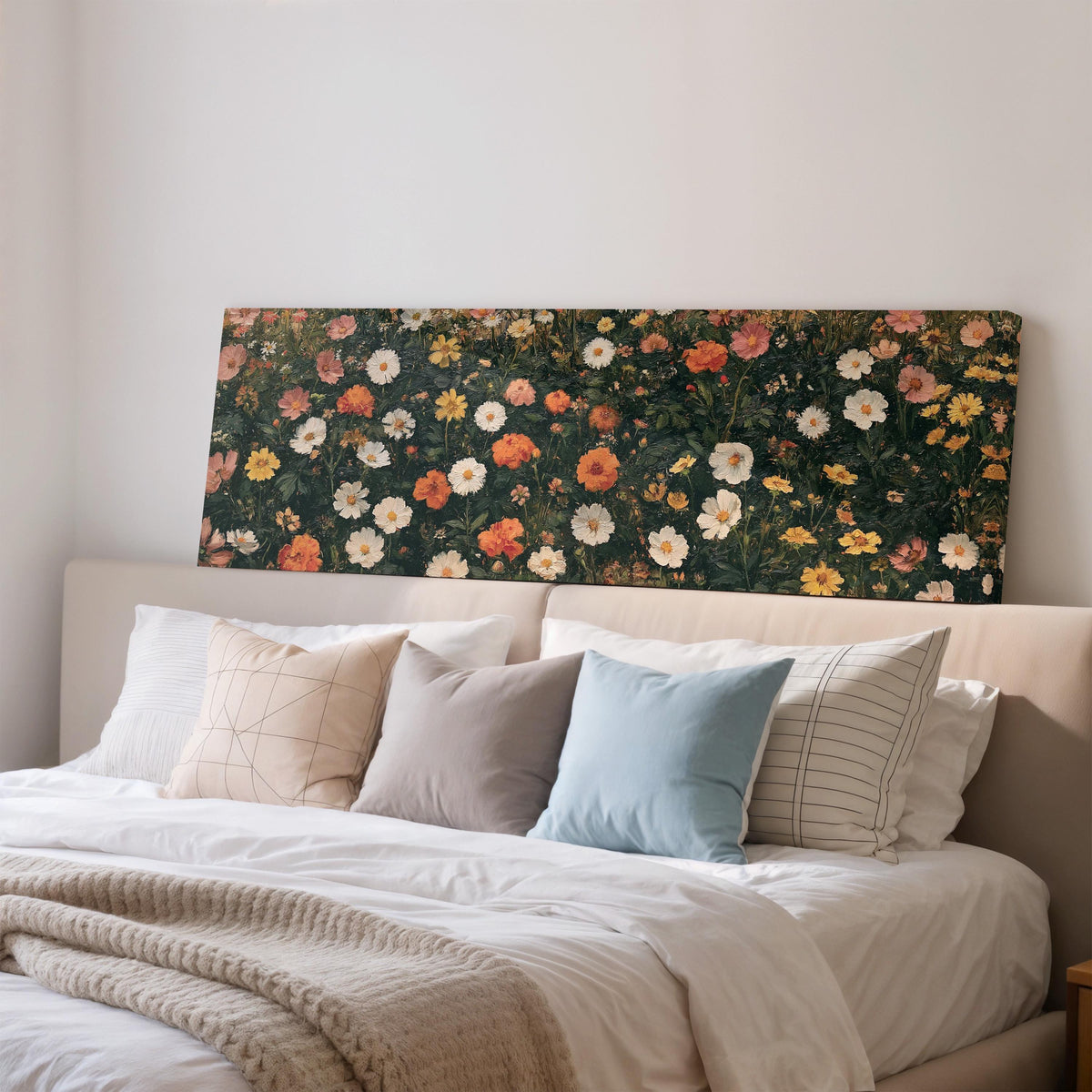 Blooming floral tapestry on dark green wide panoramic canvas print above a bed in a bedroom