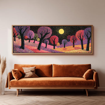 Purple dusk forest under the moon long horizontal canvas print above a sofa in a living room