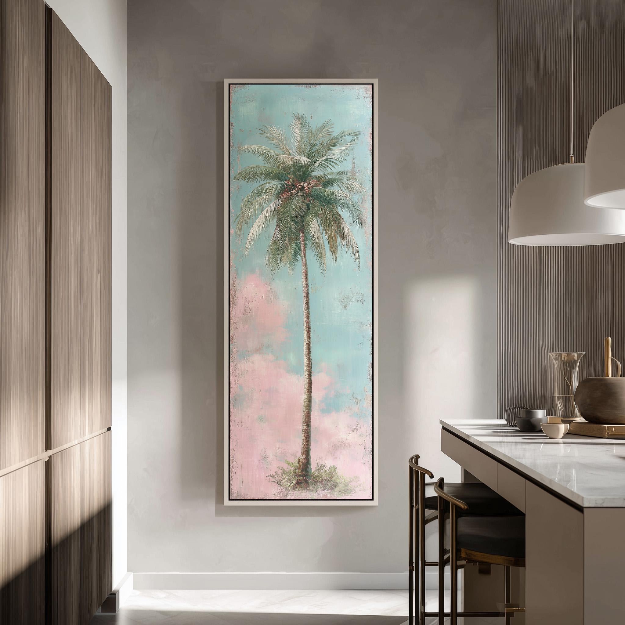 a large framed painting of a palm tree hanging on a wall in a modern kitchen.