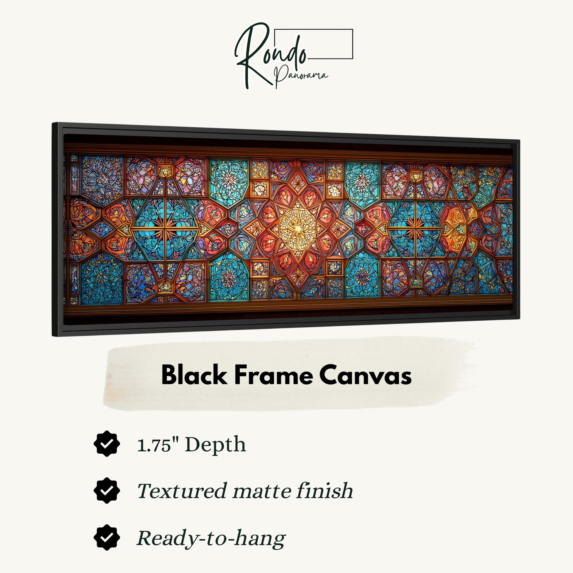 a large, colorful stained glass window with intricate patterns and designs. The window is framed in a black frame, and it is described as a "Black Frame Canvas" with a 1.75" depth, a "Textured matte finish", and a "Ready-to-hang" description.