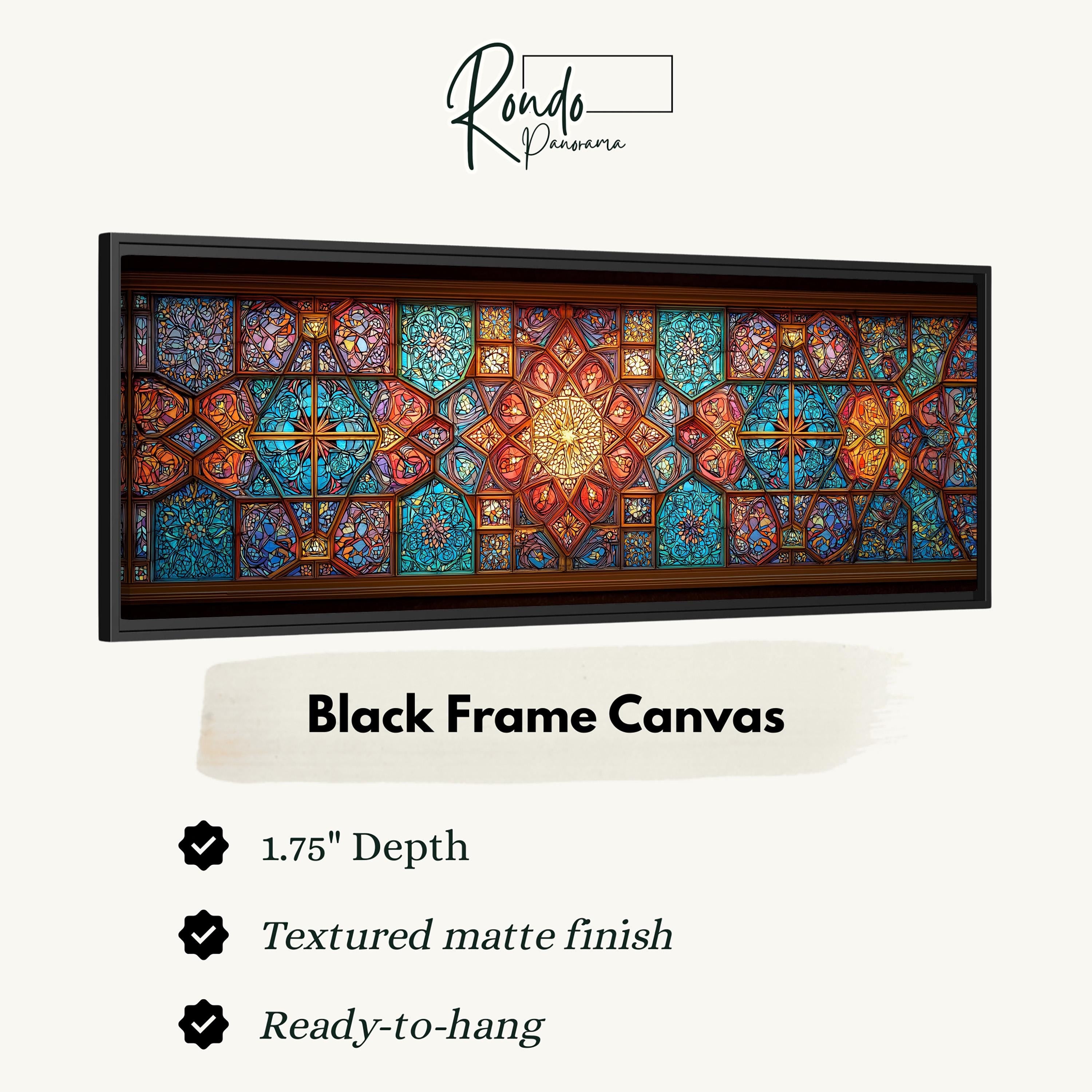 a large, colorful stained glass window with intricate patterns and designs. The window is framed in a black frame, and it is described as a "Black Frame Canvas" with a 1.75" depth, a "Textured matte finish", and a "Ready-to-hang" description.