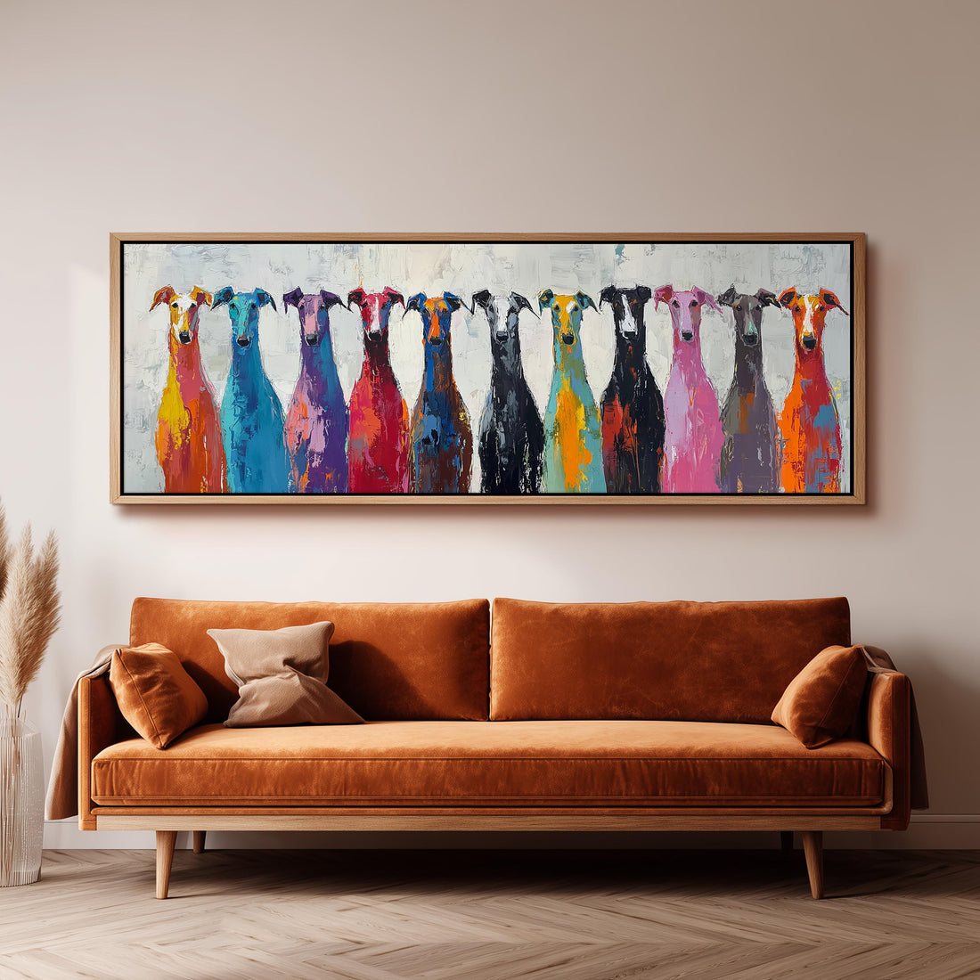 a large, colorful painting of a group of dogs in various shades of brown, black, and other colors, displayed on a wall above a brown sofa.