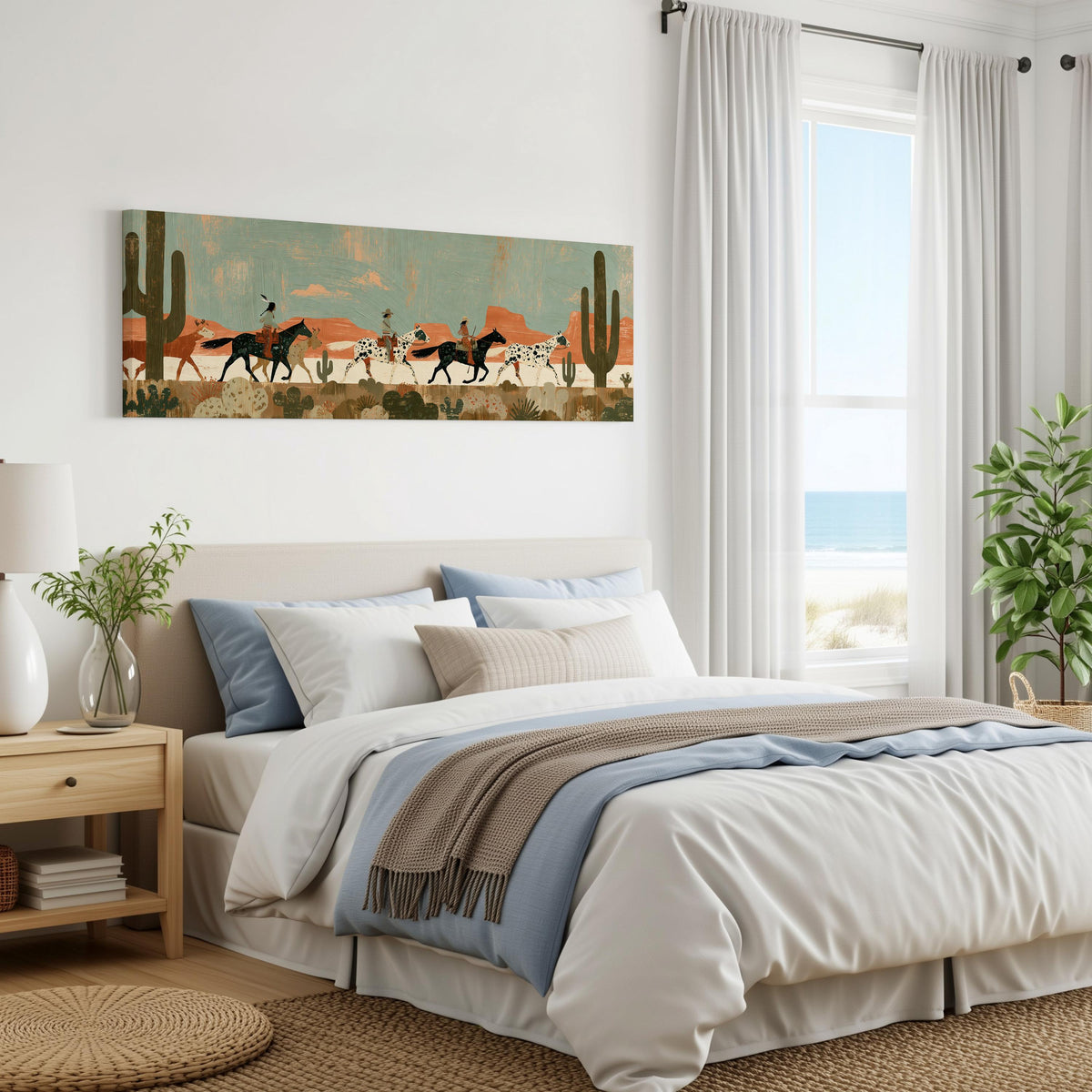Riders on spotted horses across a red rock desert panoramic canvas print above a bed in a coastal bedroom
