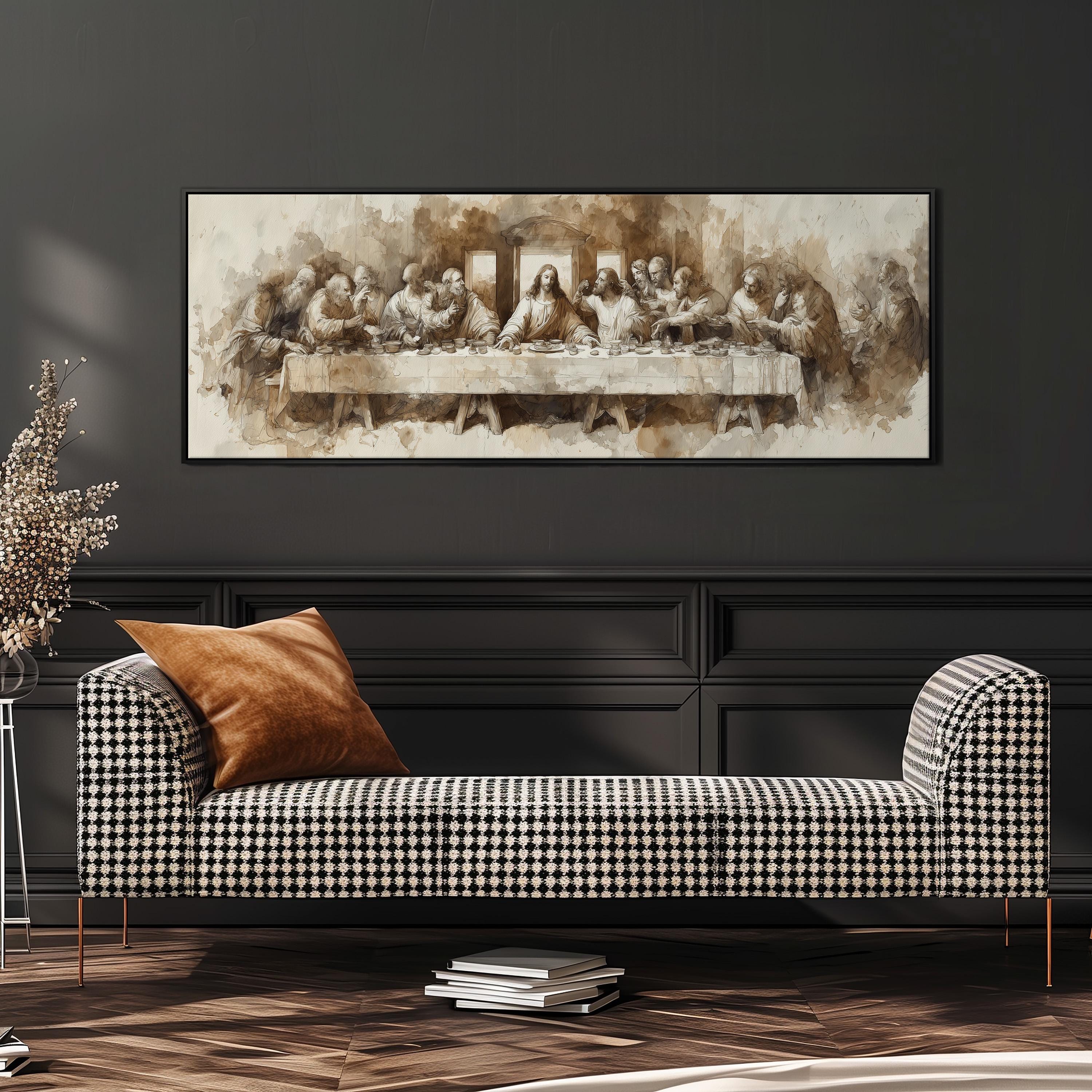 a large, framed painting of the Last Supper hanging on a wall above a black and white checkered sofa.