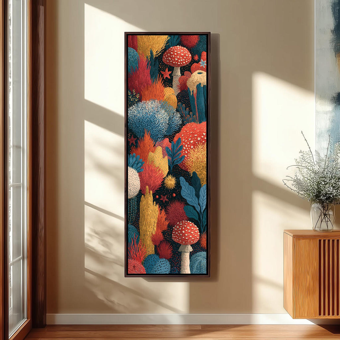 Jewel toned coral reef and toadstool garden long vertical canvas print in a sunlit living space