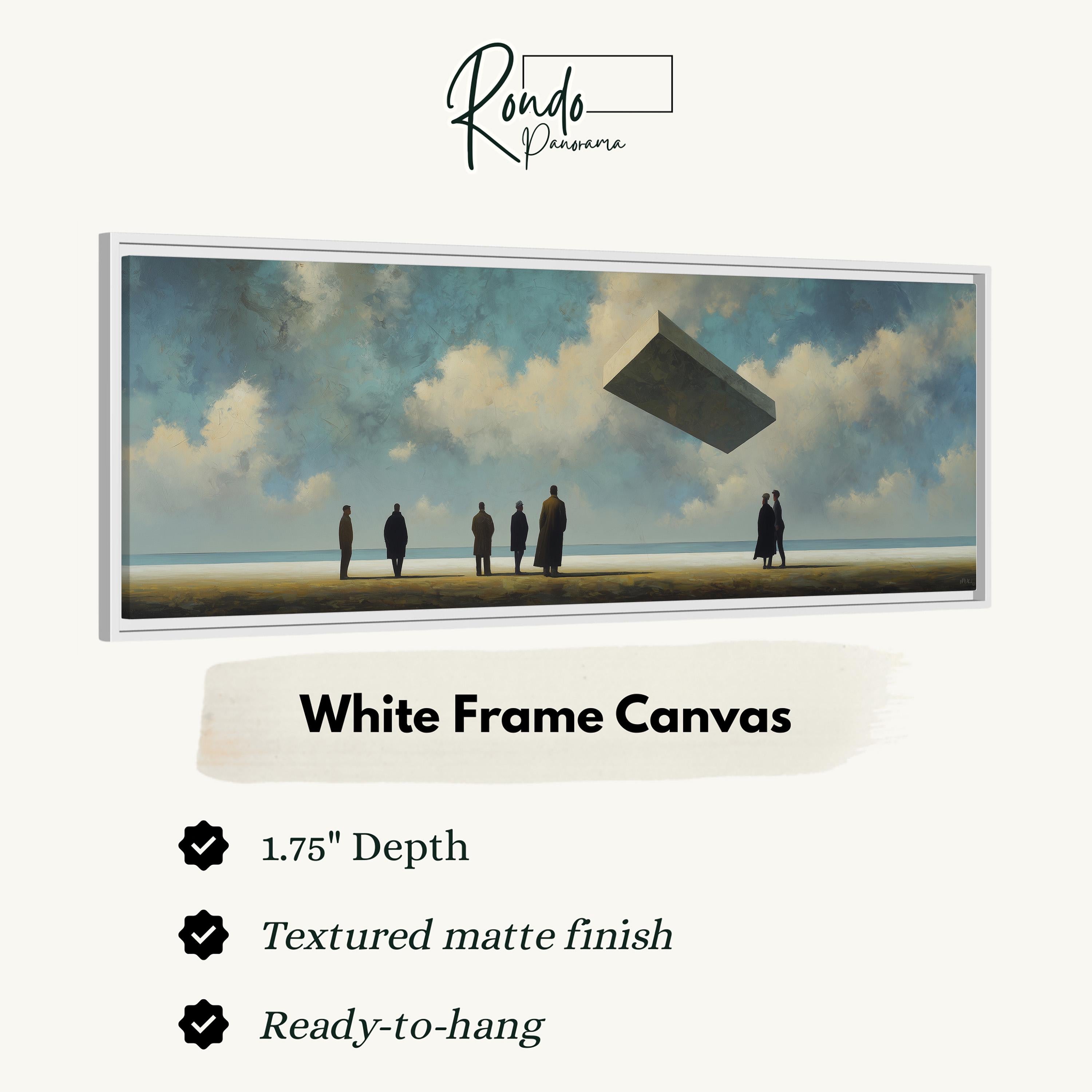 The image is a white frame canvas depicting a group of people standing on a beach with a large object flying overhead.