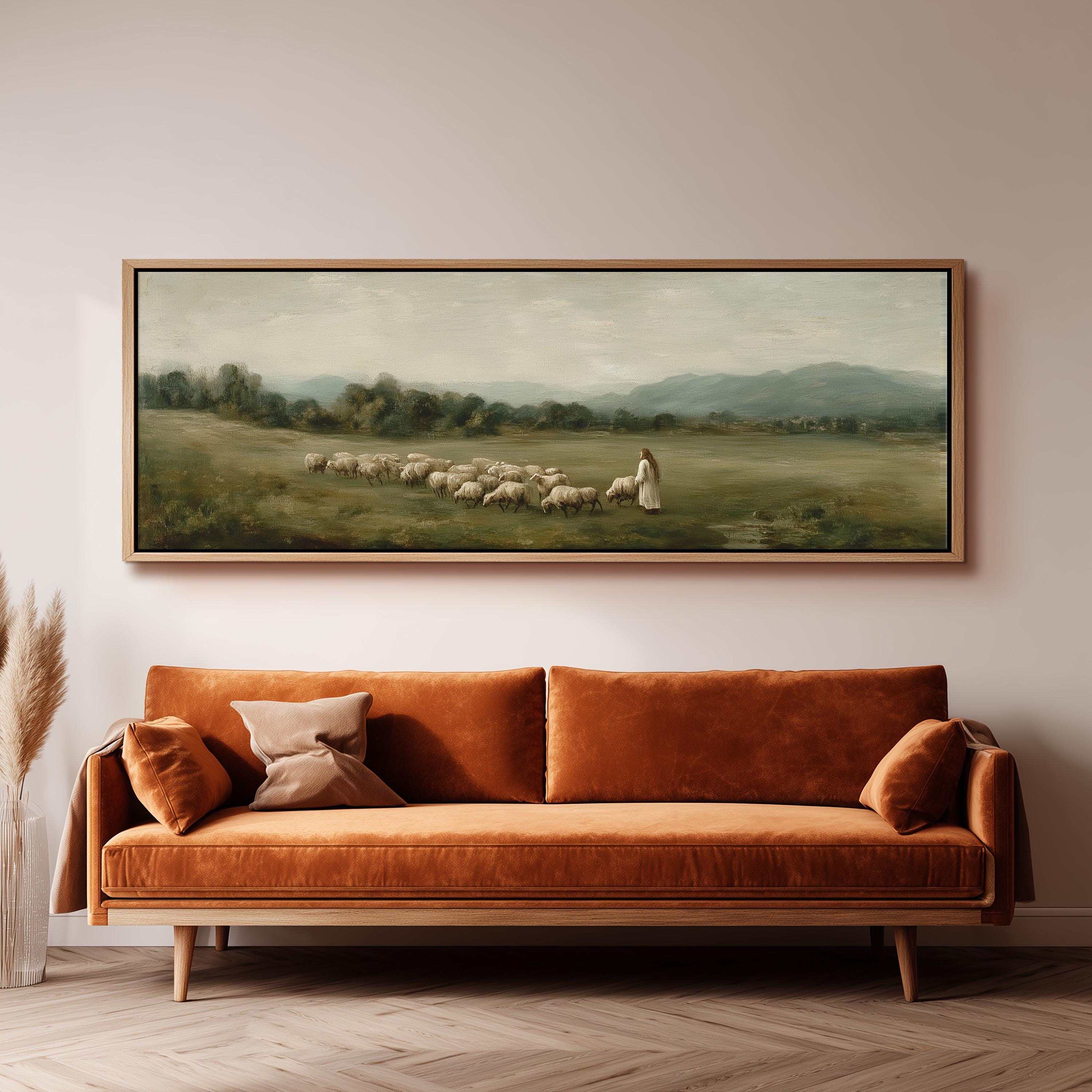a large painting of a pastoral scene with a woman herding sheep in a grassy field, hanging on a wall above a brown sofa.