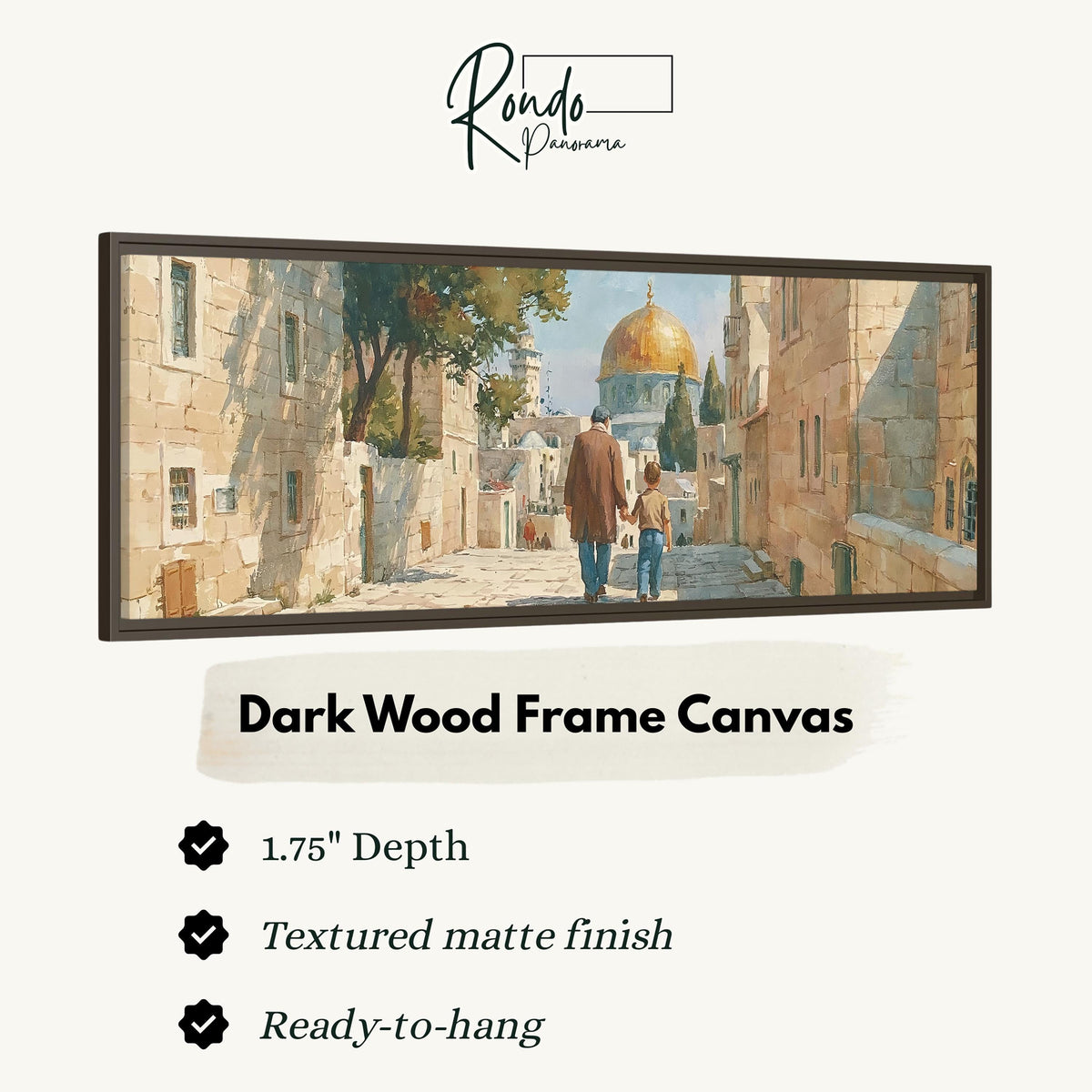 Jerusalem old city street with the golden dome canvas print in a dark wood floating frame