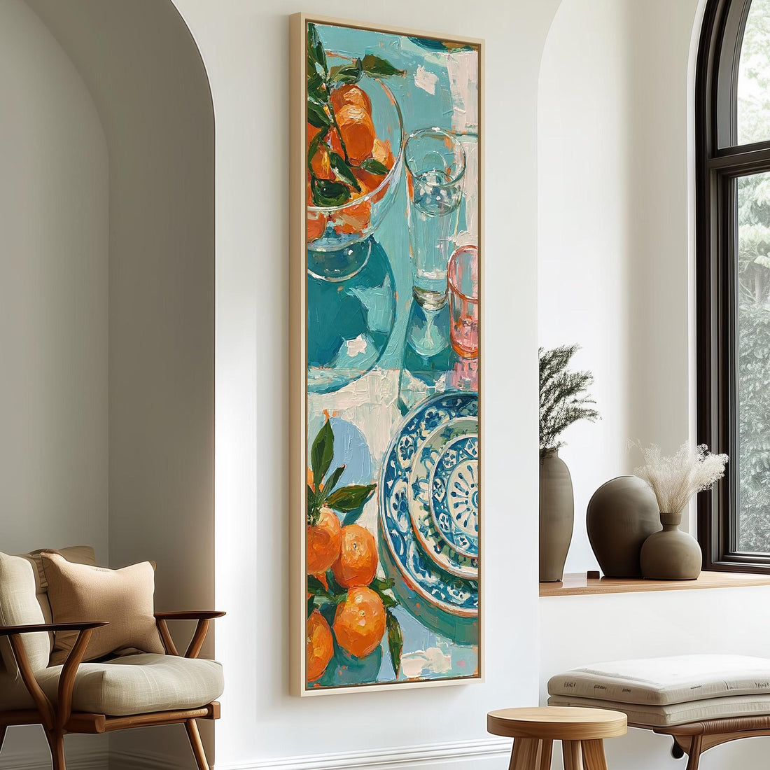 Citrus fruit and blue plates on a table long vertical canvas print in a sunlit living space