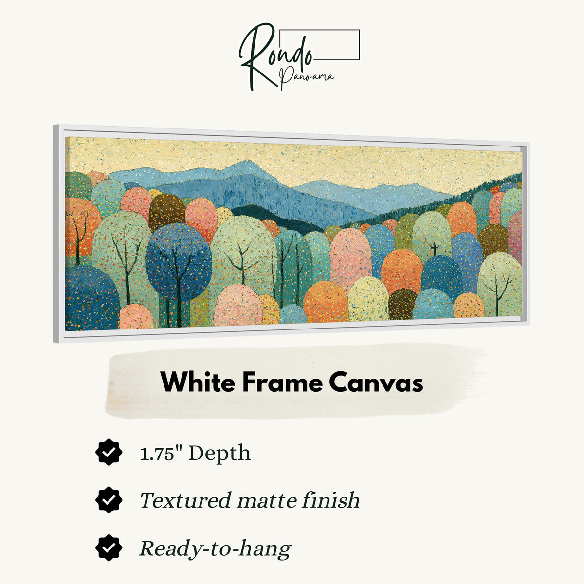 Pastel dotted forest below blue mountains canvas print in a white floating frame