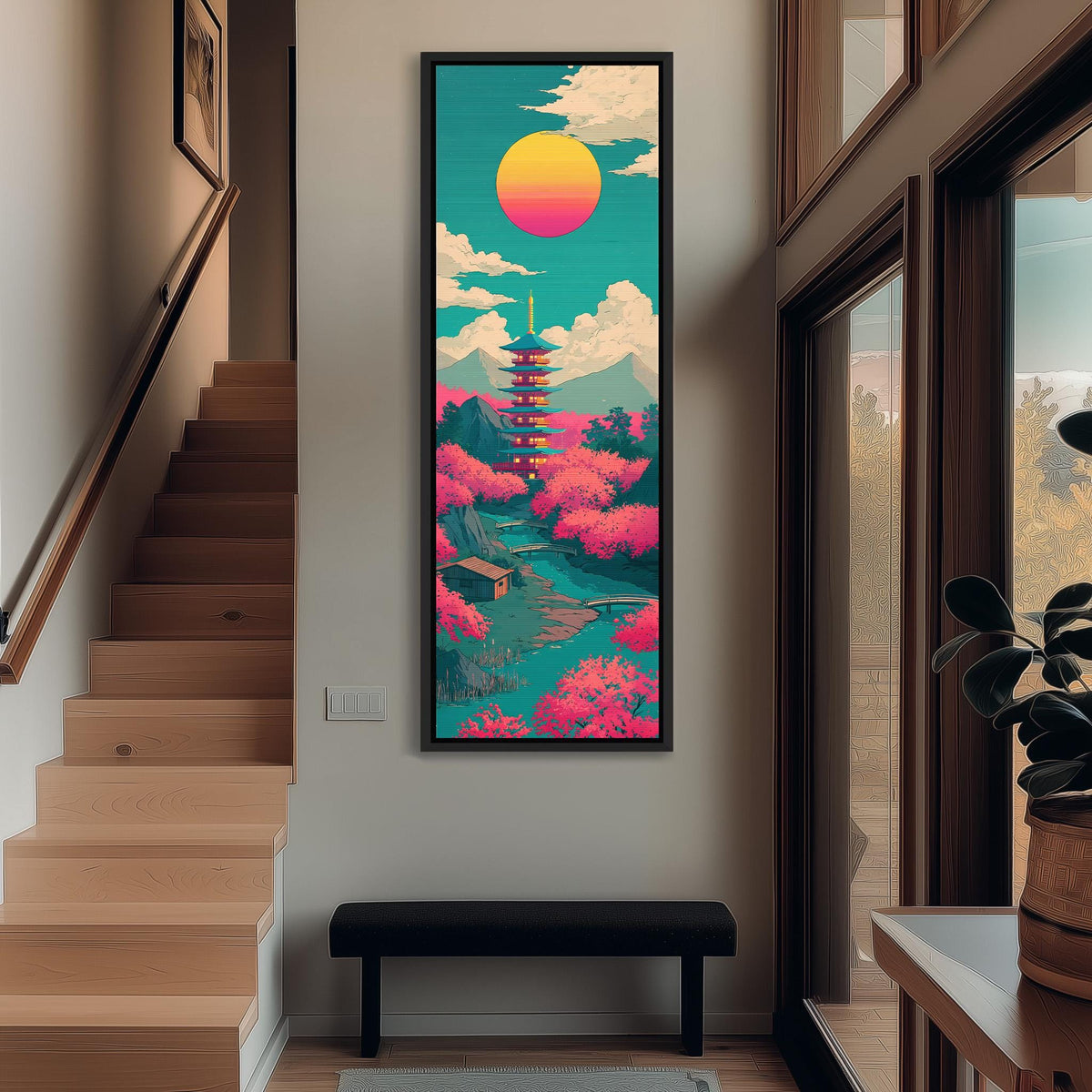 Pagoda under a pink and yellow sun tall narrow canvas print beside a staircase in an entryway