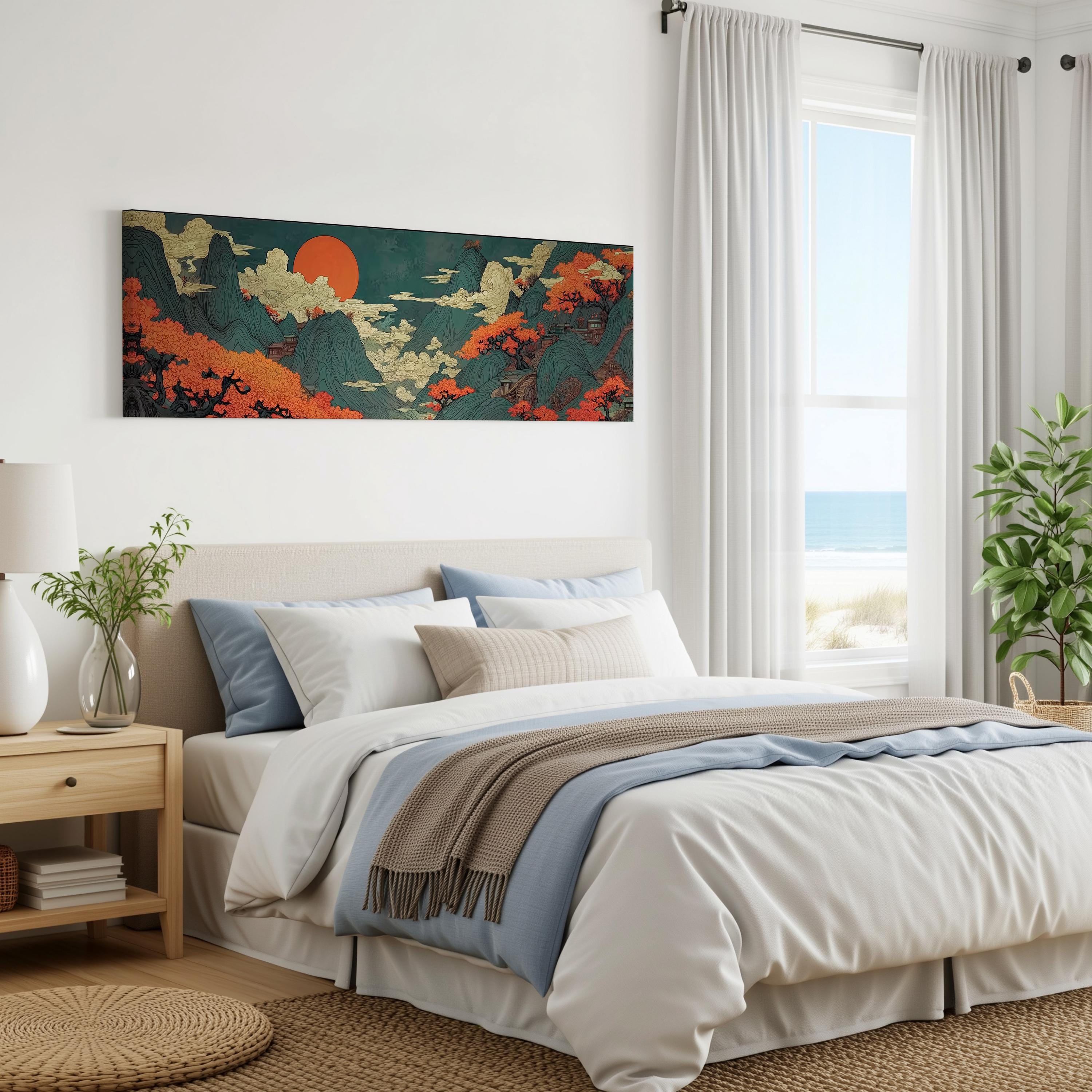 a serene bedroom with a large bed, a nightstand, and a painting of a landscape on the wall. The room has a calming color scheme and features a window overlooking the ocean.