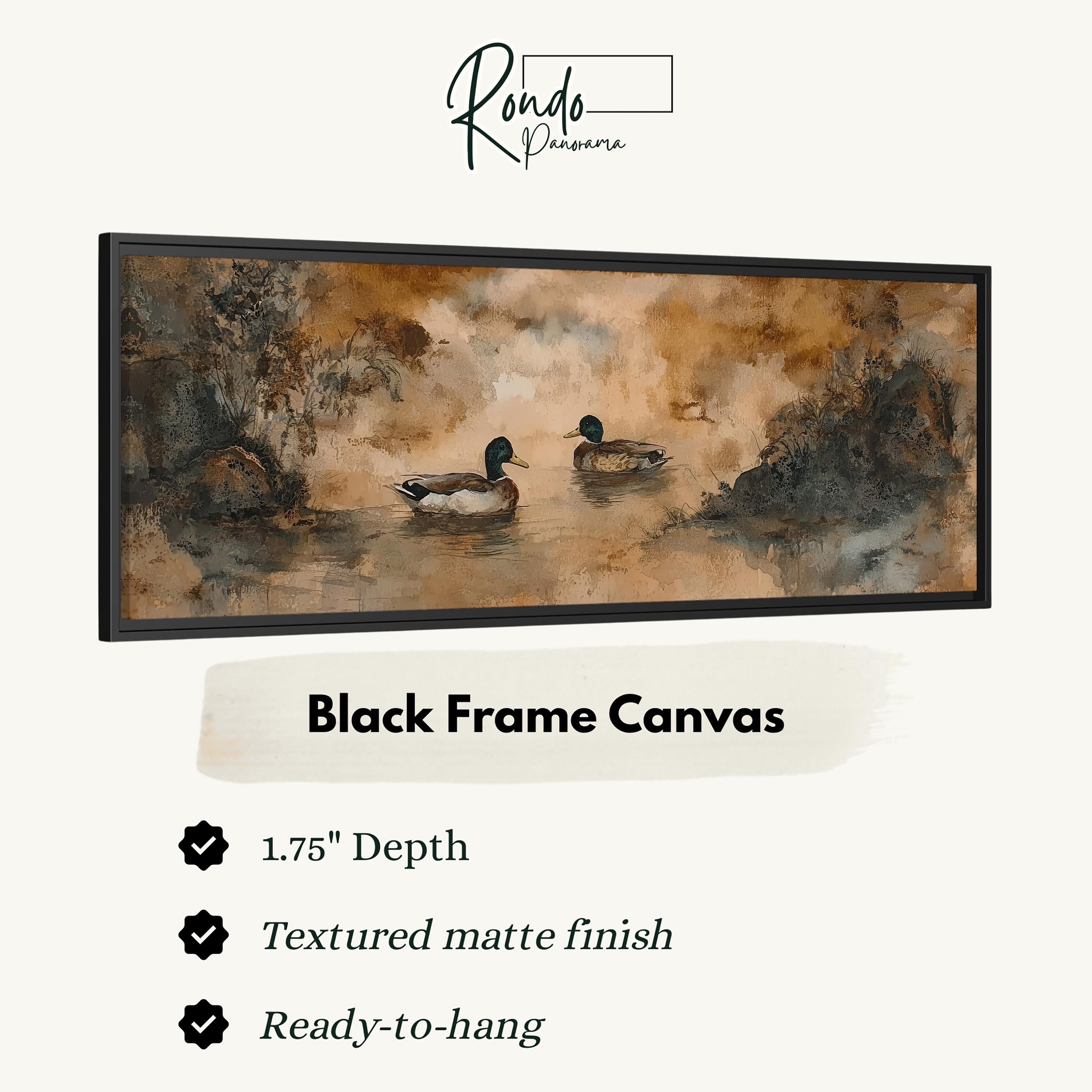 The image is a black frame canvas depicting two ducks swimming in a body of water.