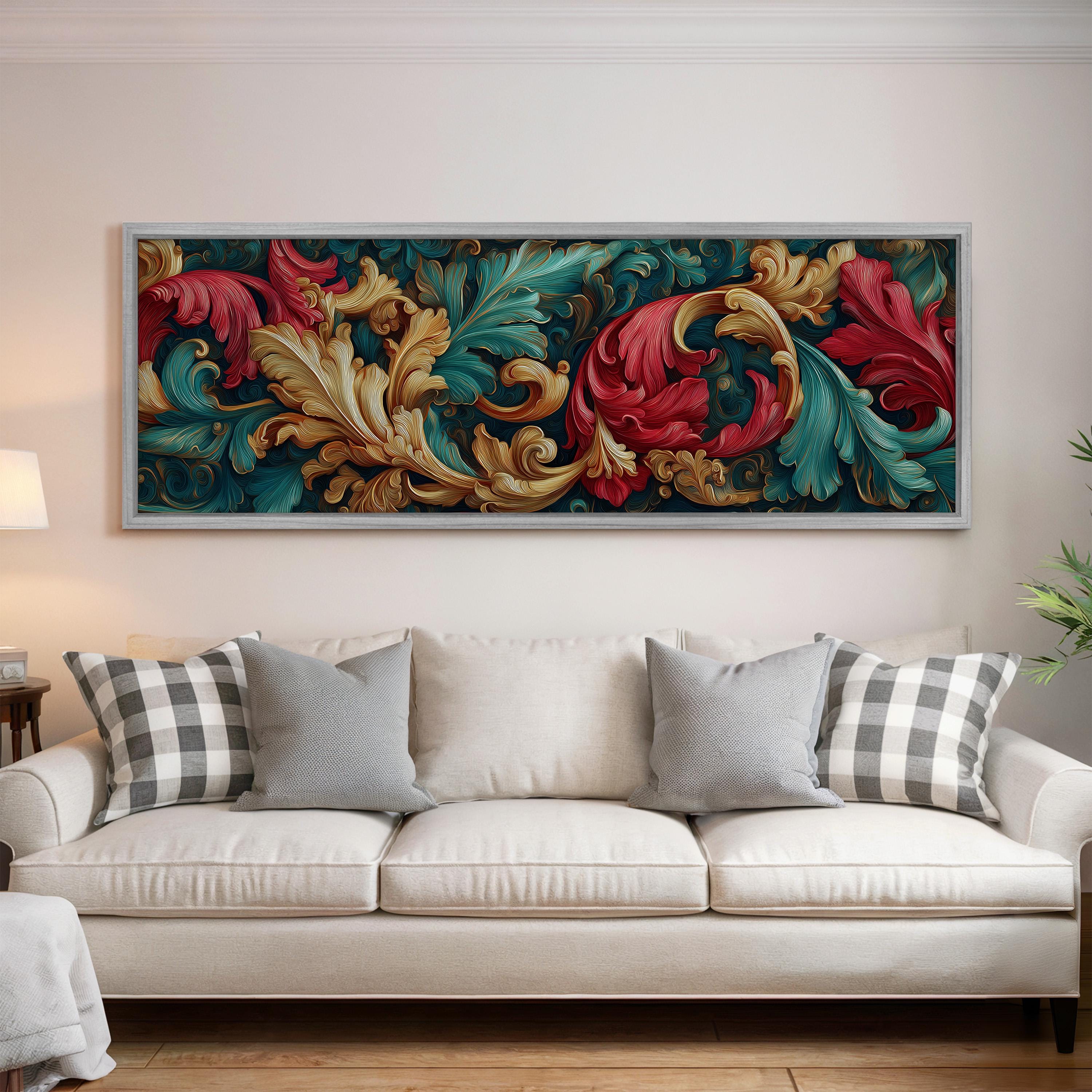 a large, ornate painting hanging on a wall above a white couch with decorative pillows.