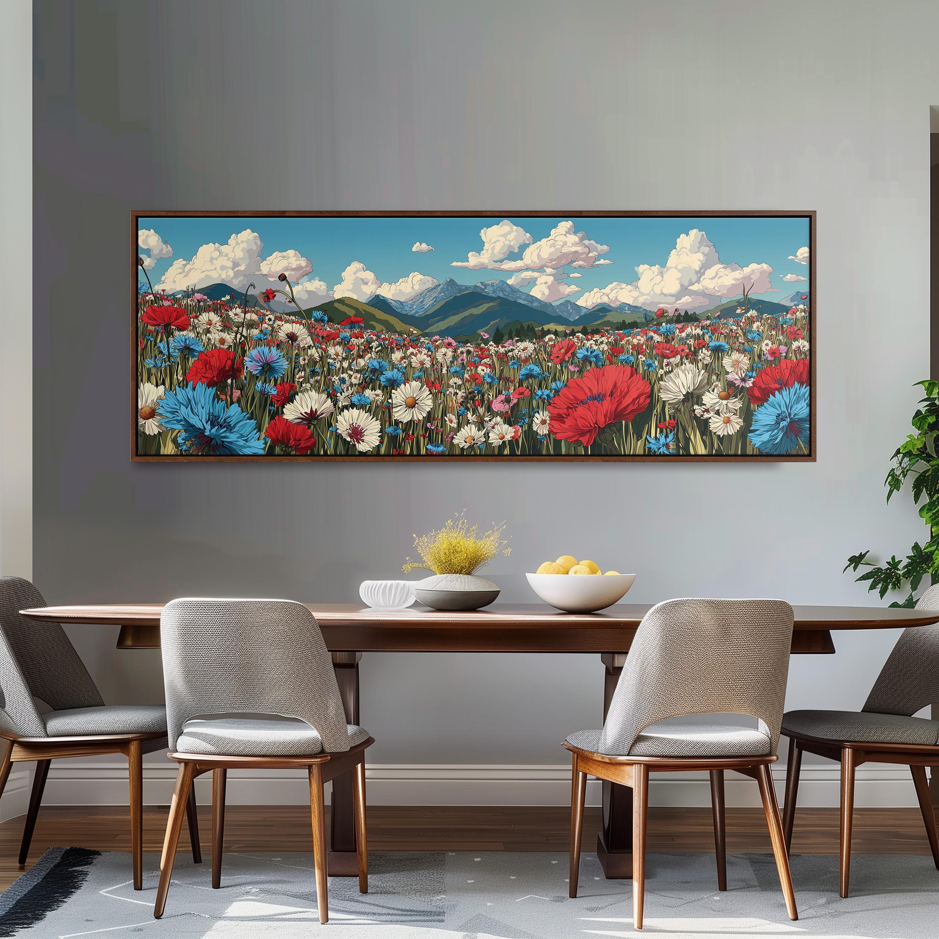 a large painting of a colorful flower field hanging on a wall above a wooden dining table with four chairs.