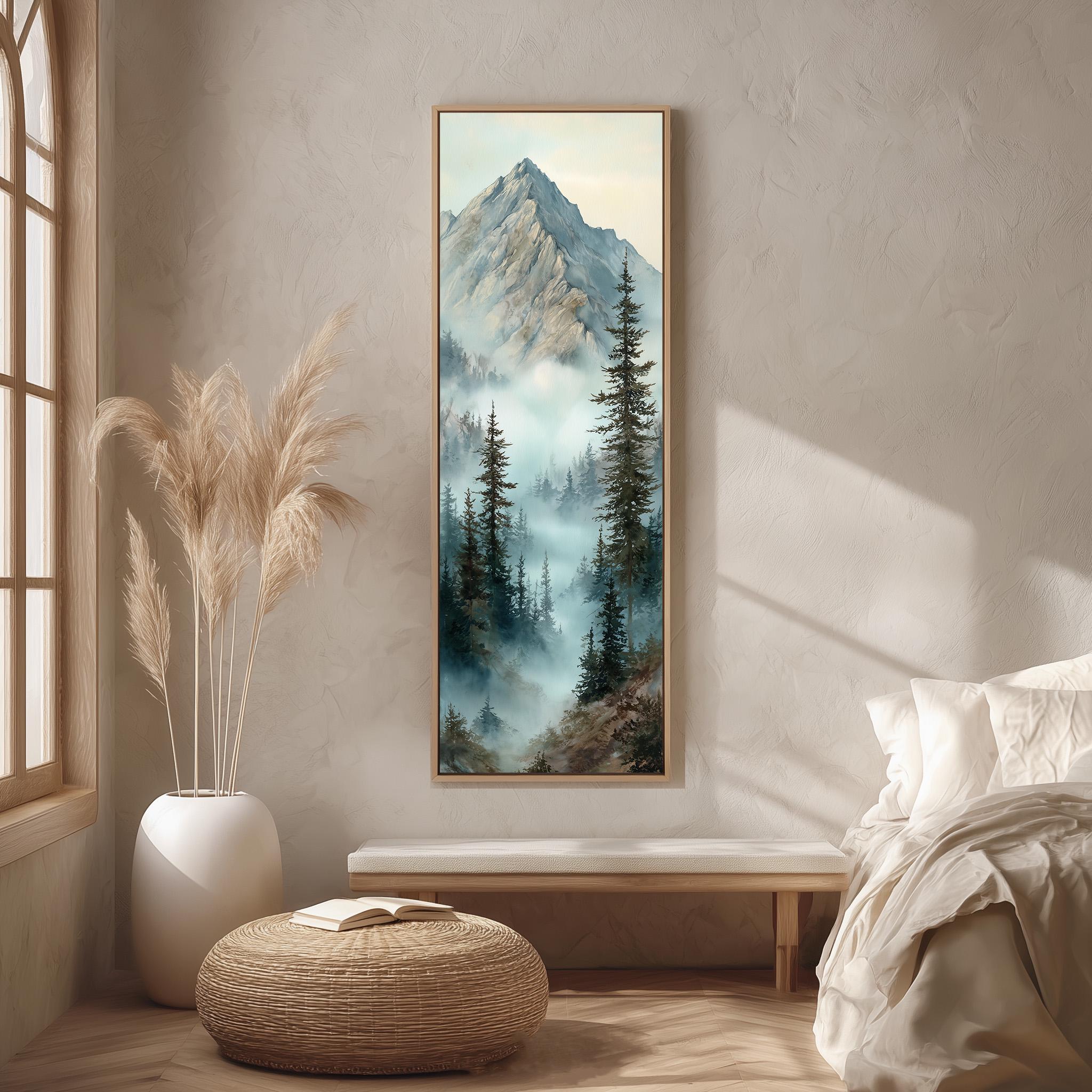 a serene bedroom scene with a large framed landscape painting of a mountain and pine trees hanging on the wall. The painting is the focal point of the room, which includes a bed, a bench, and a potted plant. The overall atmosphere of the room is calm and peaceful, with the natural elements of the painting complementing the cozy, comfortable furnishings.