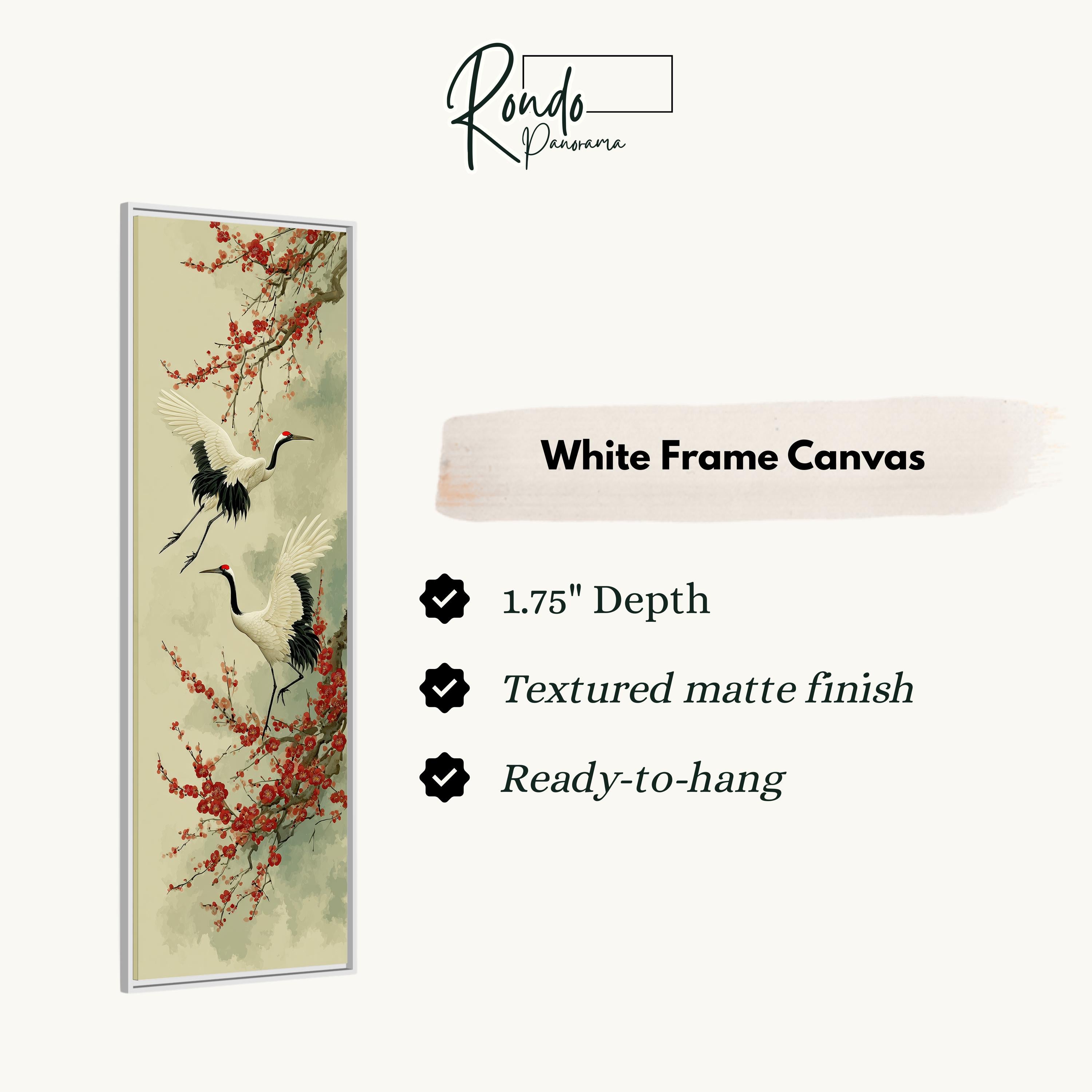 The image is a white frame canvas featuring a painting of two white cranes with red flowers on their legs. The text provides information about the frame, including its depth, texture finish, and whether it is ready to hang.