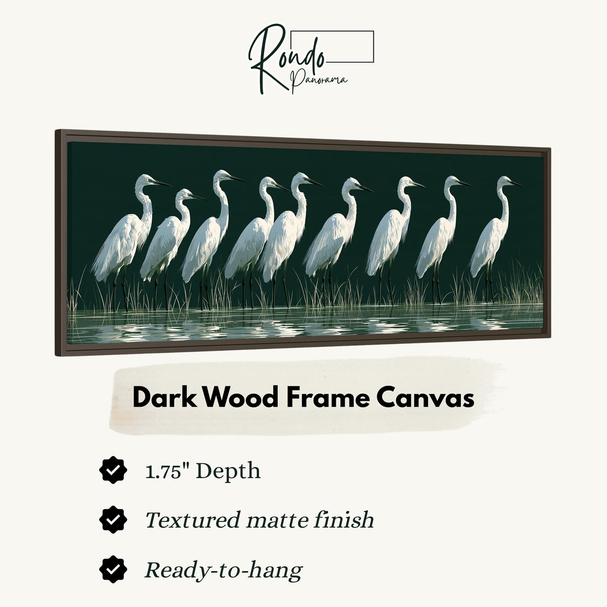 Row of white egrets on deep green canvas print in a dark wood floating frame