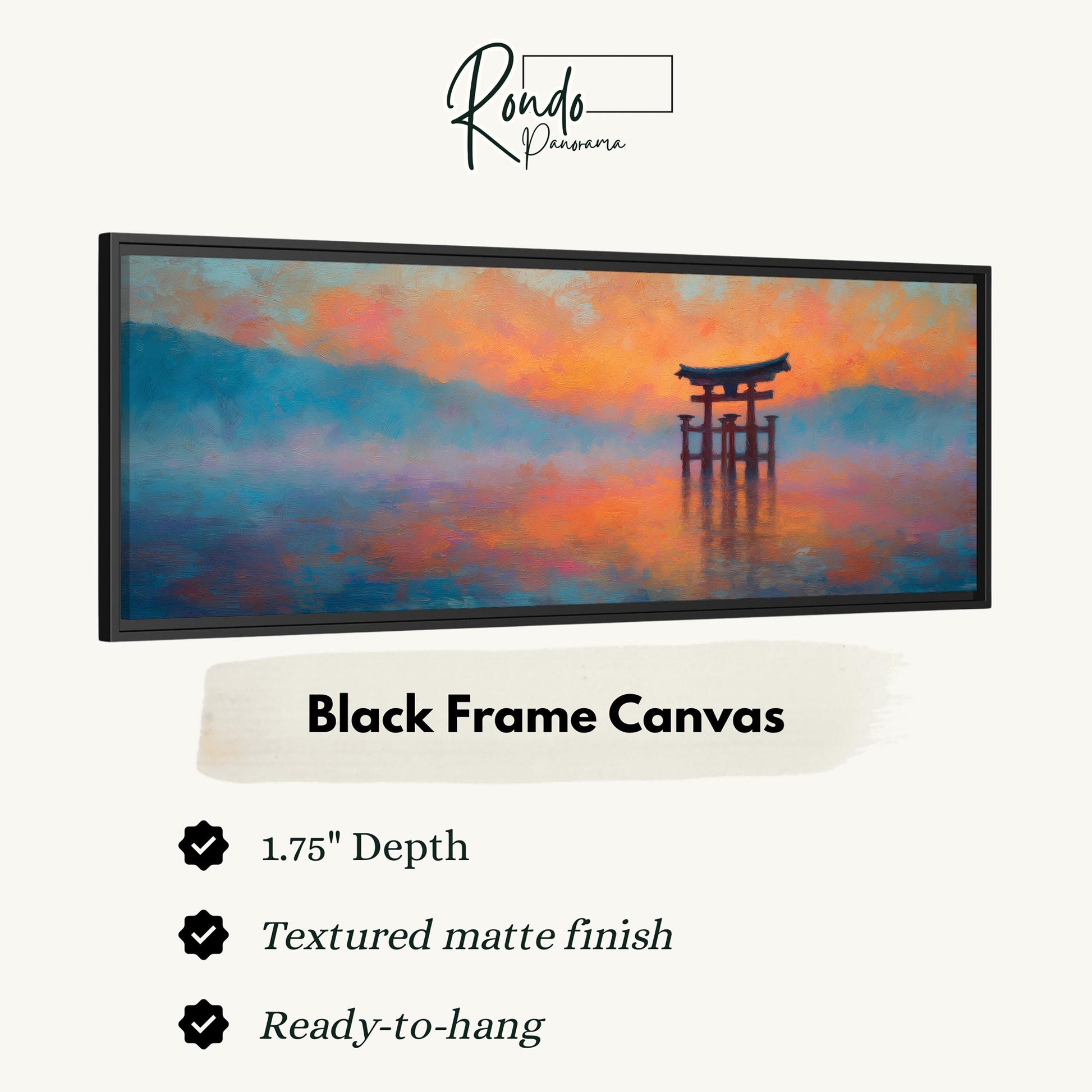 The image is a black frame canvas depicting a Japanese torii gate in a misty landscape.